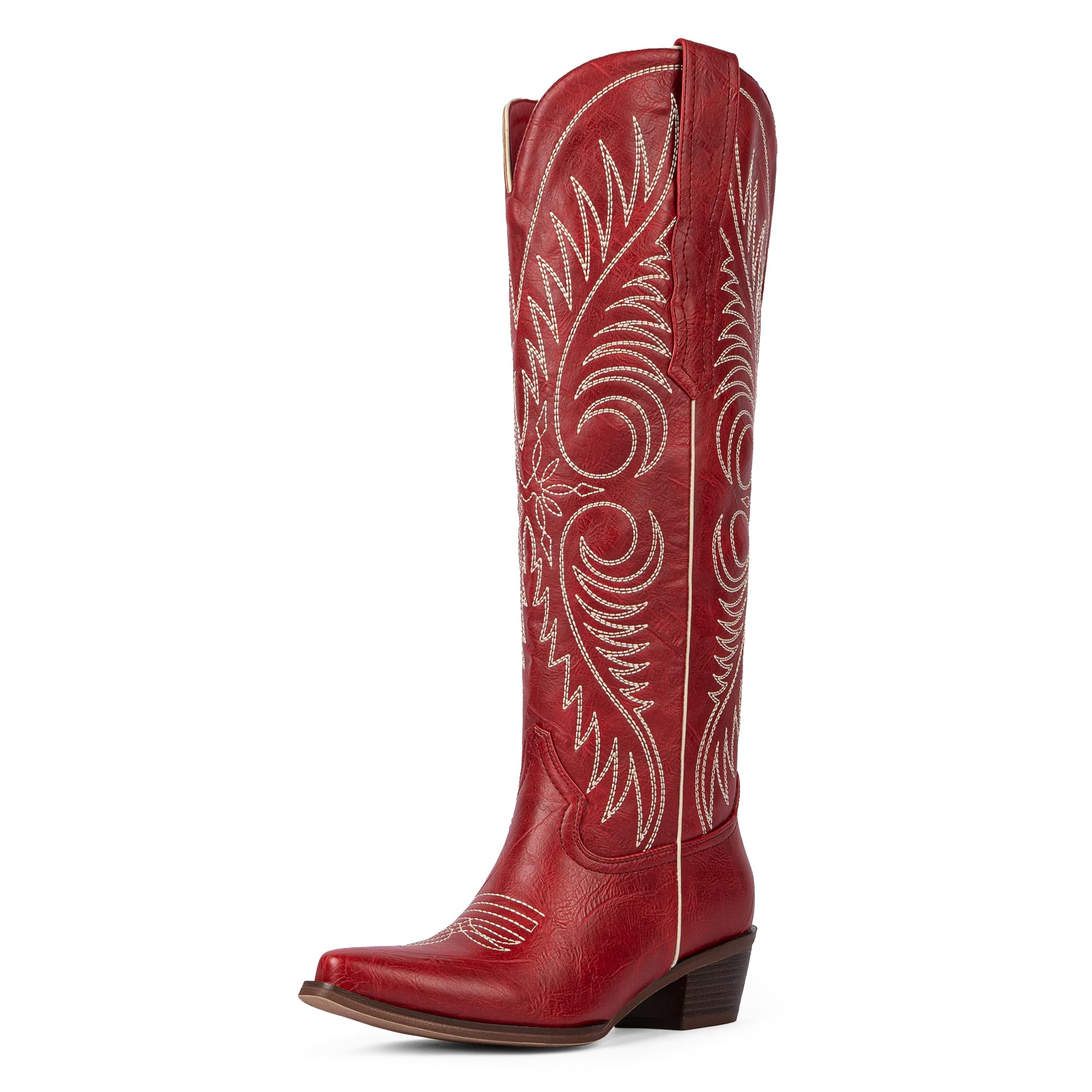 Modatope Cowboy Boots for Women Knee High Cowgirl Boots Embroidered Pointed Toe Chunky Heel Western Boots Pull On