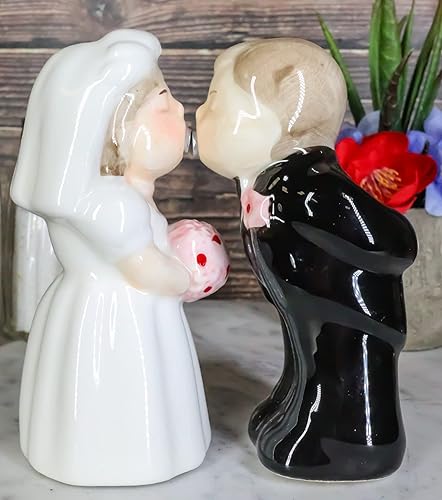 Miniatura 2 de Ebros Gift Romántico día de la boda besando novia y novio magnético salero y pimentero conjunto de figuras de cerámica fiesta cocina coleccionable,