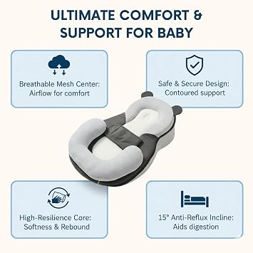Baby Feeding Pillow - Firm & Secure Adjustable Nursing Pillow with Safety Strap - Baby Body Support Cushion - Grey