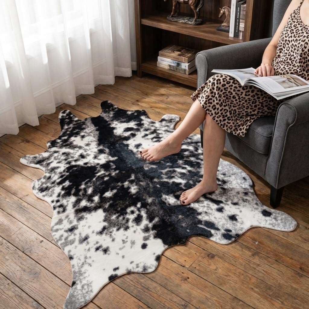 MustMat Faux Cowhide Rug Cow Print Rug Western Cowhide Area Rugs for Living Room (Black and White, 2.6ft x 4.1ft)