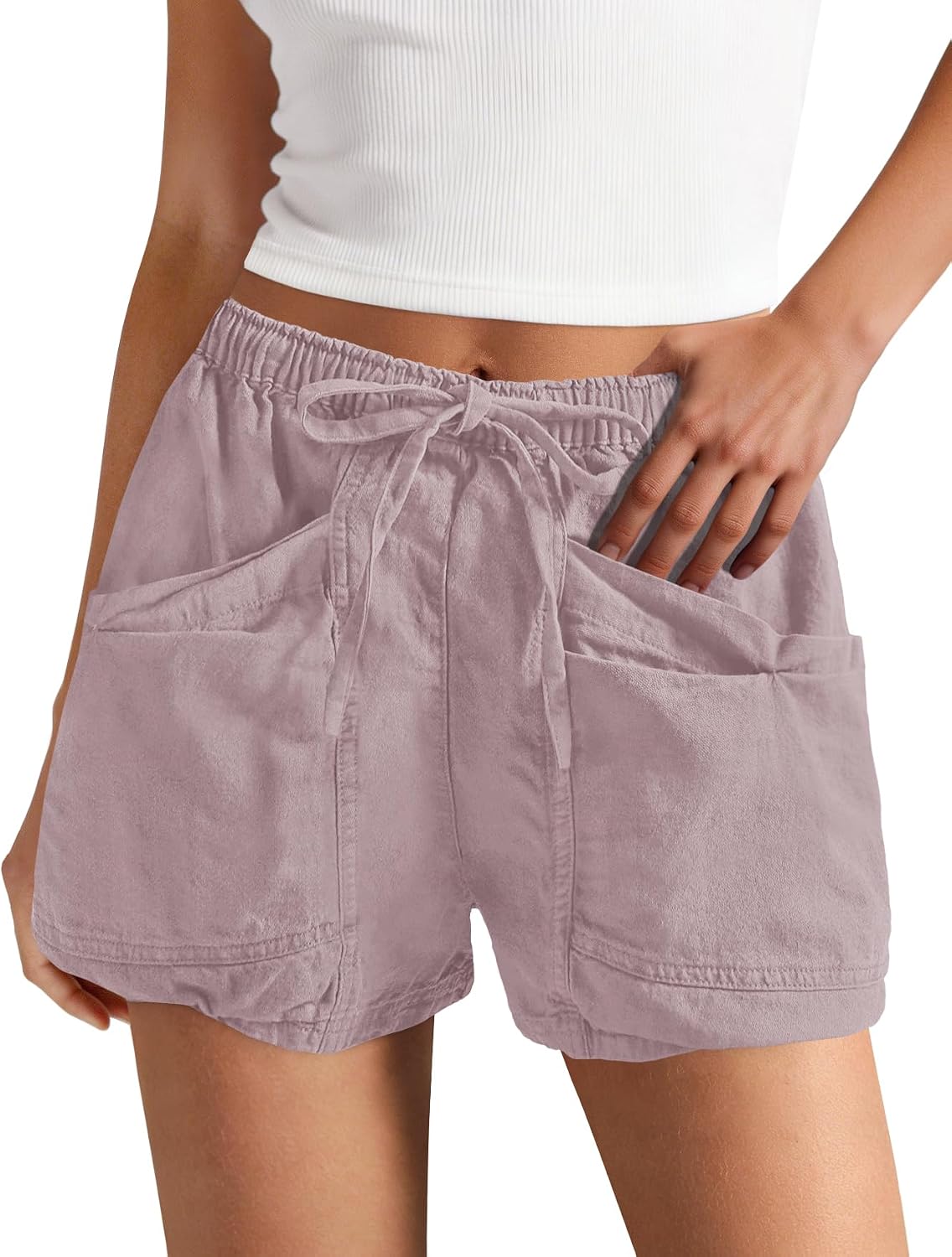 Yanekop Womens Cotton Linen Shorts High Waisted Drawstring Cargo Shorts