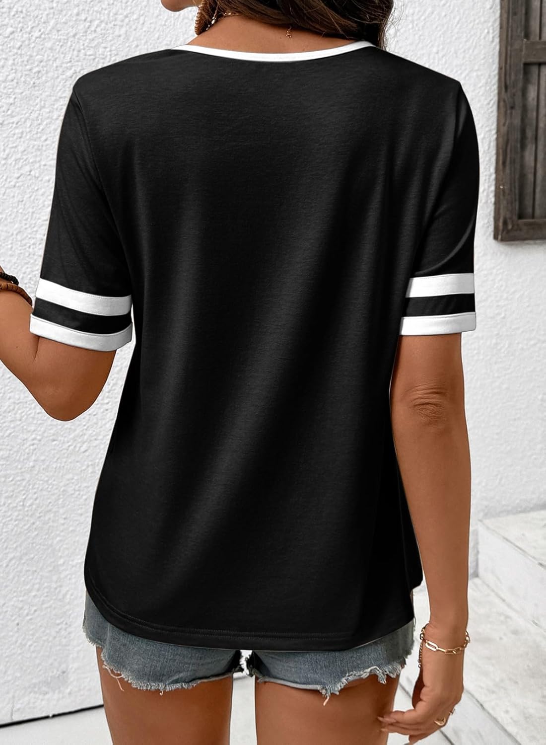 SHEWIN Women's Summer Tops V Neck Short Sleeve T-Shirts Colorblock Casual Tees 2026 Clothes - Image 5
