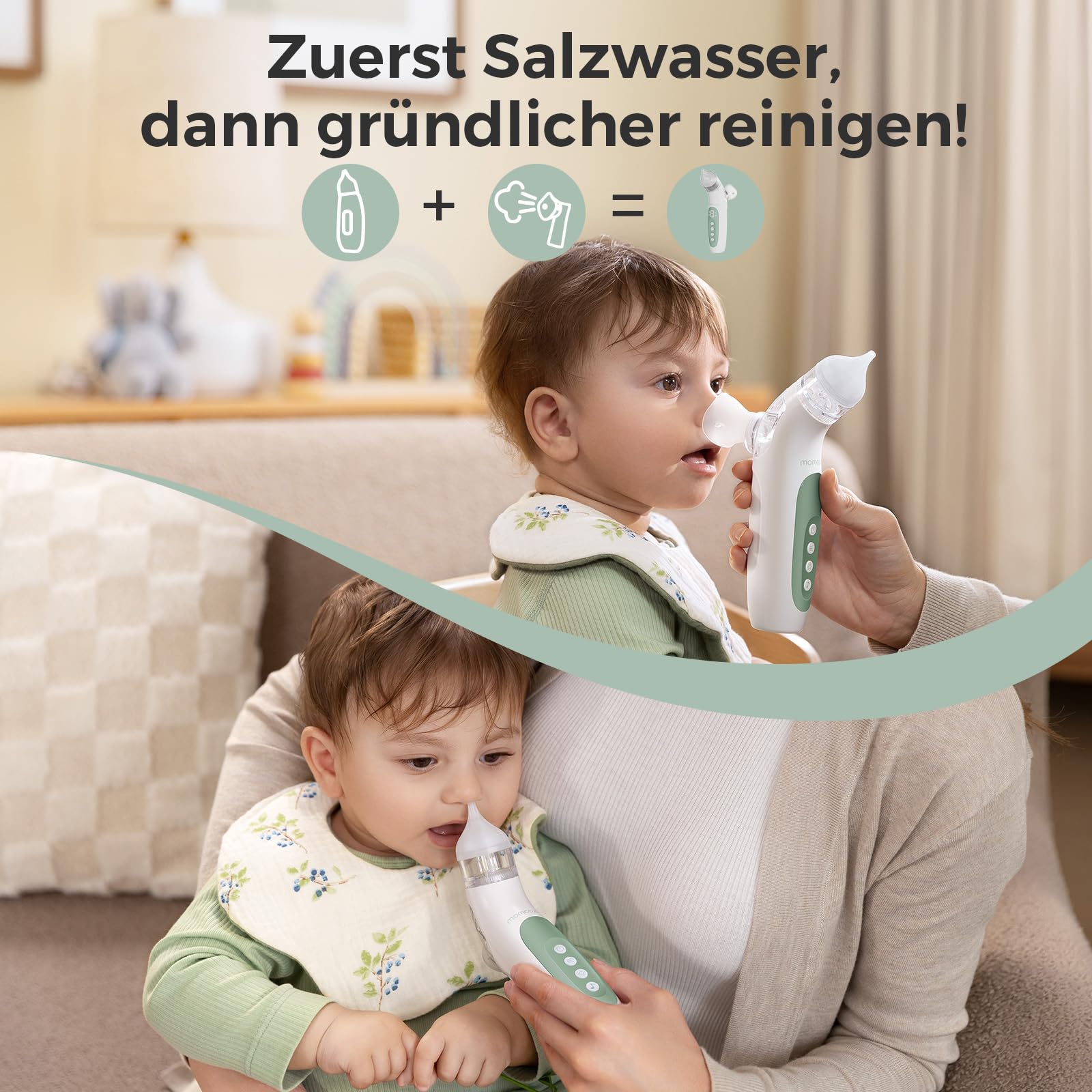 Momcozy BN007 BreezyClear 2-in-1 Nasensauger Baby, 4 einstellbare Stufen, leiser & tragbarer Nasensauger Baby mit beruhigendem Licht & Musik