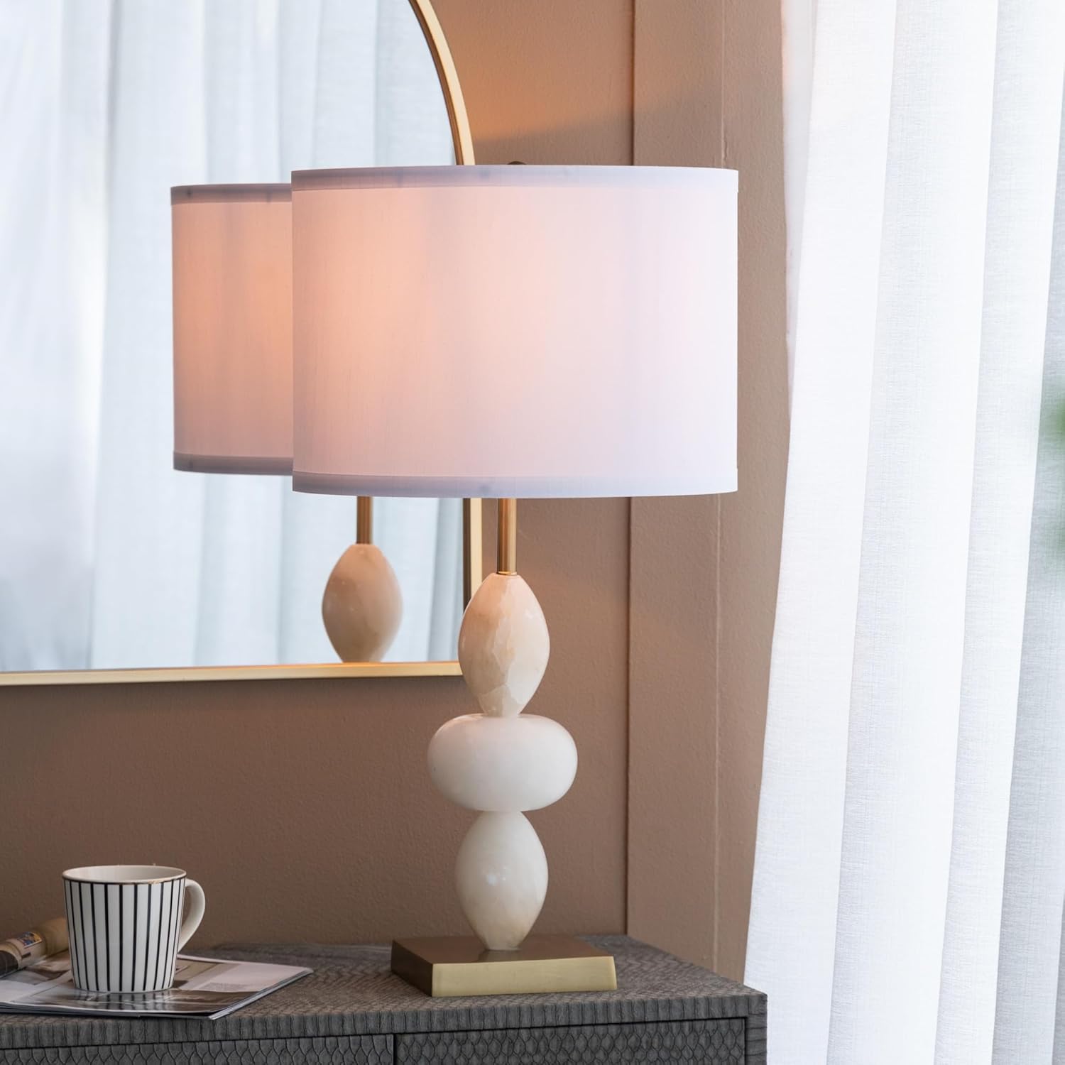 Montary 26.3" White and Gold Three Tiered Round Alabaster Table Lamp with Drum Shade, Contemporary Aesthetics Bedside Desk Lamp for Bedroom Living Room Office Café Bookcase Home Decor