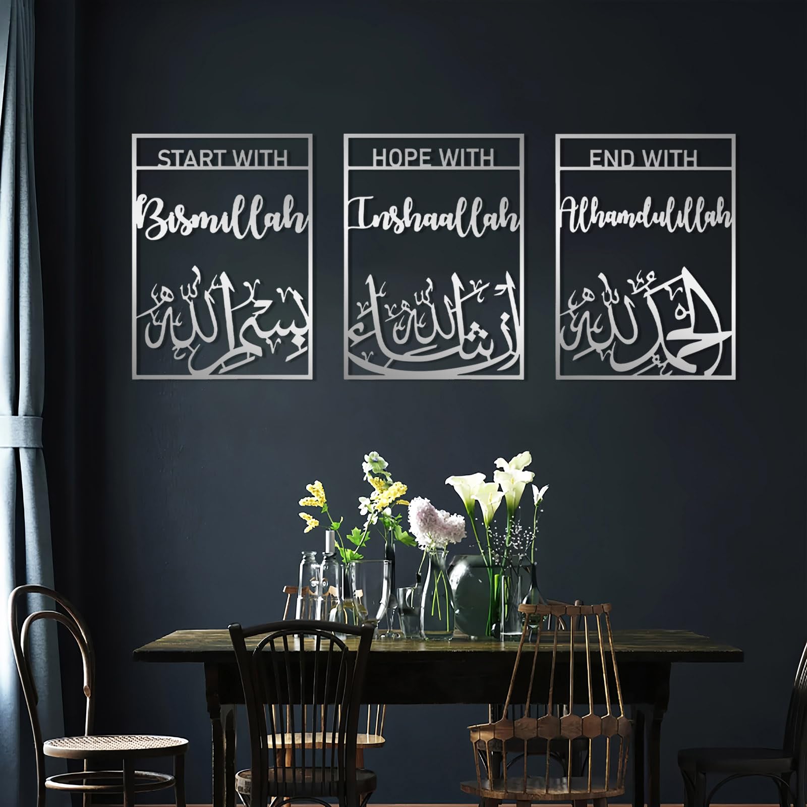 Generisch Metall-Wandkunst Bismillah Inşhaallah Metall-Wanddekor Alhamdulillah Wandkunst-Set mit 3 islamischen Wanddekorationen Großer islamischer Wandbehang Arabische Kalligrafie-Dekoration