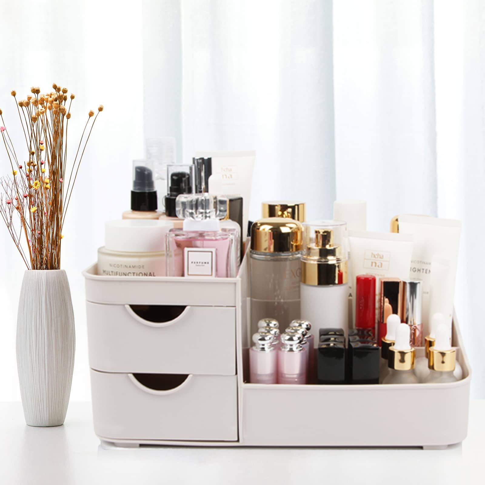 Makeup Organizer for Vanity, BREIS Multifunctional Desk Organizer with Drawers for Bedroom and Bathroom Countertops Cosmetic Display Case