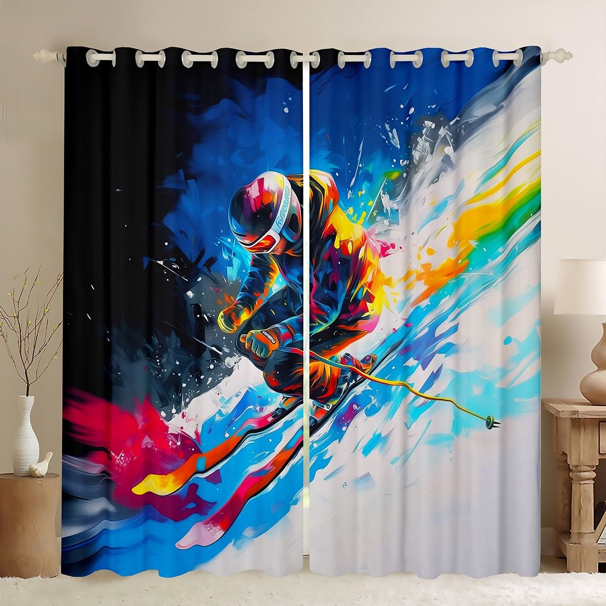 Homewish Skiing Themed 46 x 72 Inch Blackout Curtains for Living Room - Winter Sports Snowboarder Print Eyelet Curtains for Bedroom Dorm - Snowy Scene Mountains Room Darkening 2 Panels — image 1