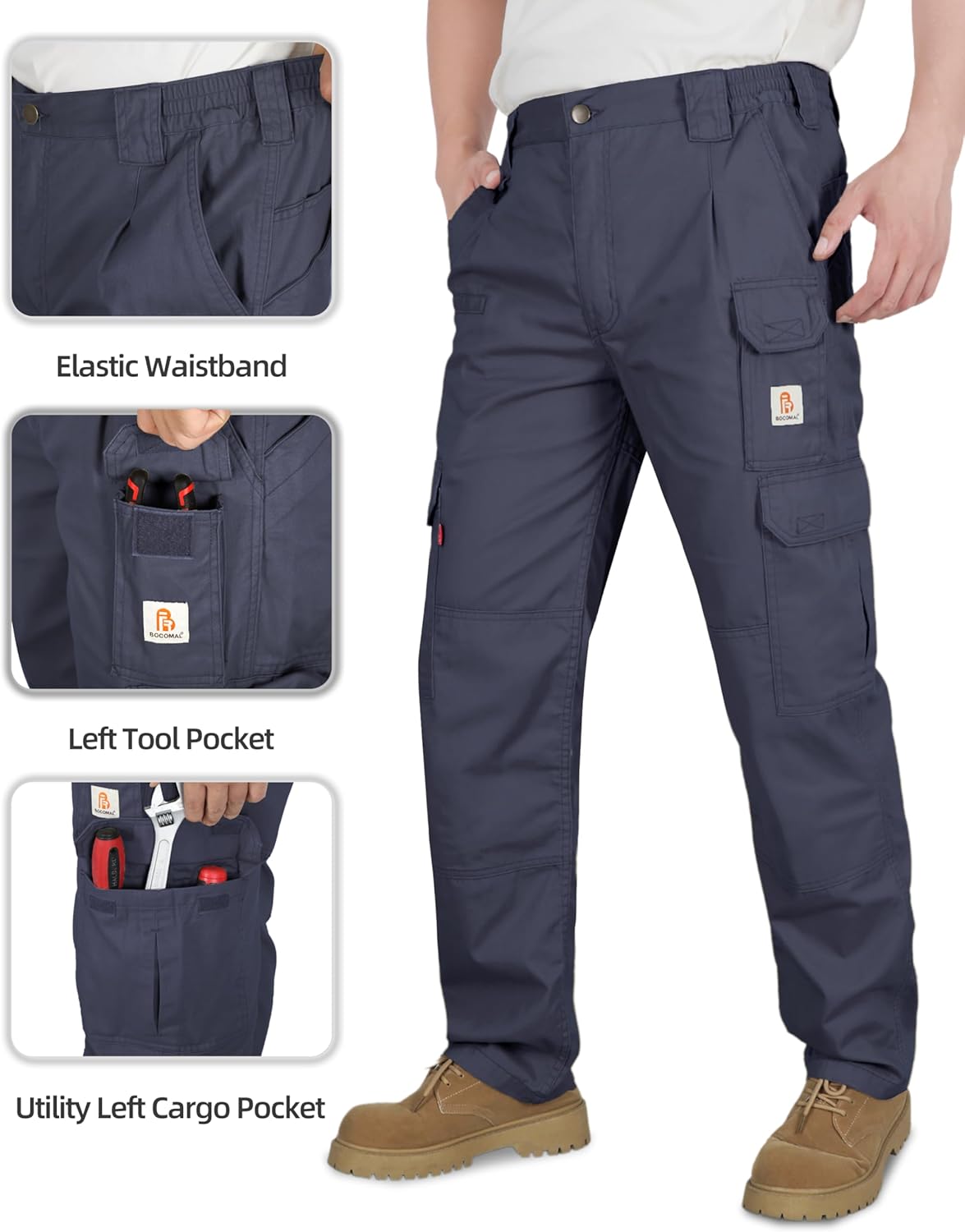 BOCOMAL FR Pants for Men Double Front Flame Resistant Cargo 10 Multi-Pockets Elastic Waist Work Pants - Image 4