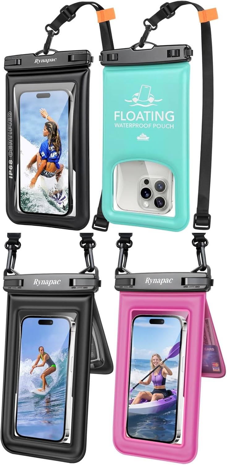 Rynapac 4 Pack IPX8 Waterproof Phone Pouch Floating- [Up to 8.5"], with Adjustable Lanyard for iPhone 17 16 15 Pro Max