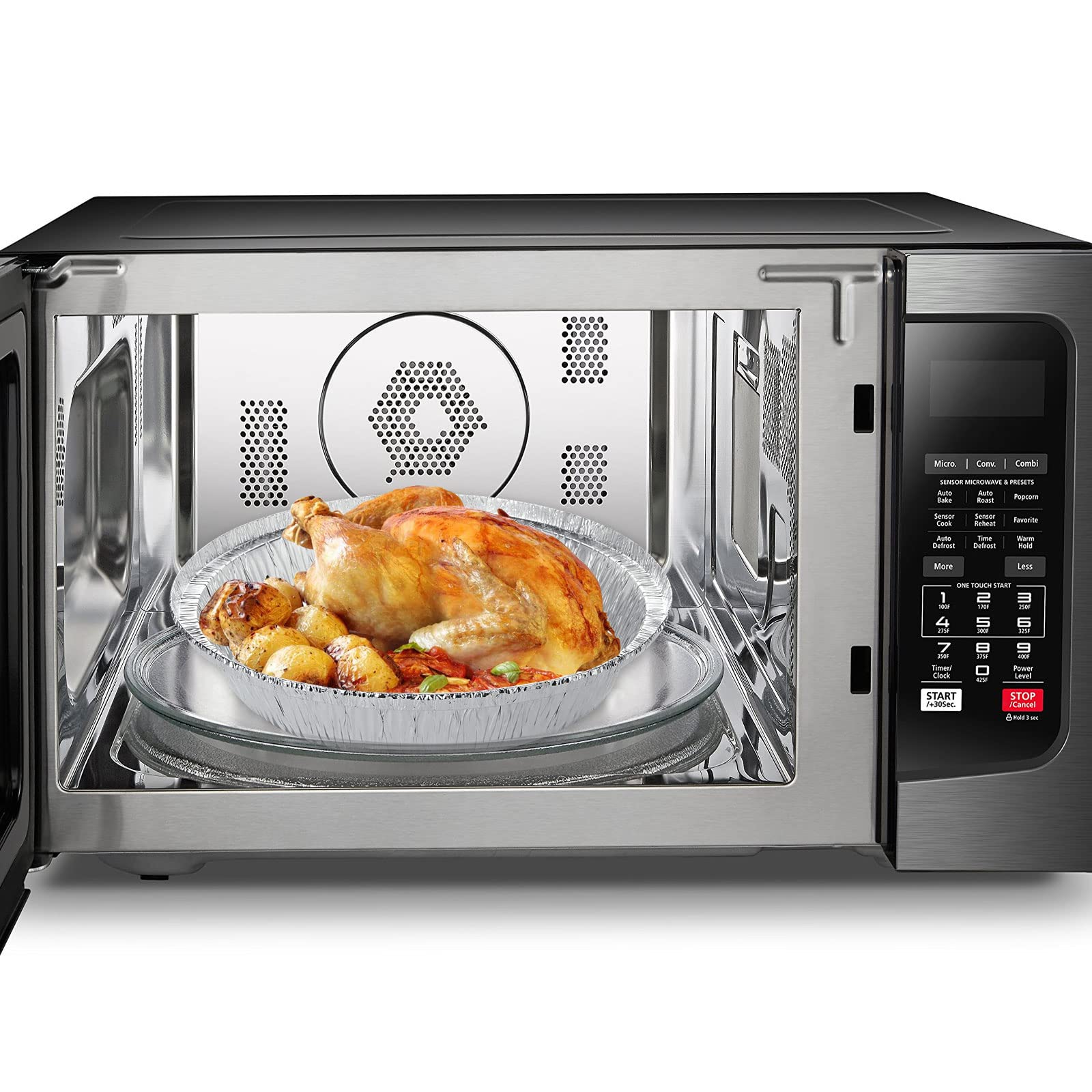 YAYODS 40 recipientes de aluminio de 12 pulgadas, bandejas redondas desechables con tapas de plástico transparente, fundas de aluminio duraderas y de grado alimenticio para hornear alimentos y