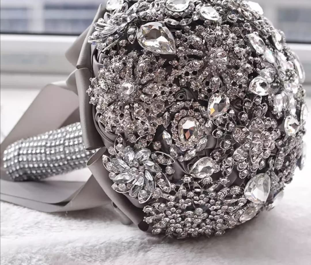 Elegant Silver Grey Wedding Bouquets for Bride - Crystal Rhinestone & Pearl Decorated Round Bridal Bouquets, Sparkling Handheld Flower Arrangement for Wedding Ceremony (Silver+Gray)
