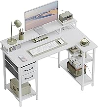 CubiCubi Eckschreibtisch mit Regal und Schublade – 120x70 cm Computertisch L-Form, Bürotisch mit Monitorständer & Stauraum, Schreibtisch für Home Office, Arbeit & Gaming,Weiß