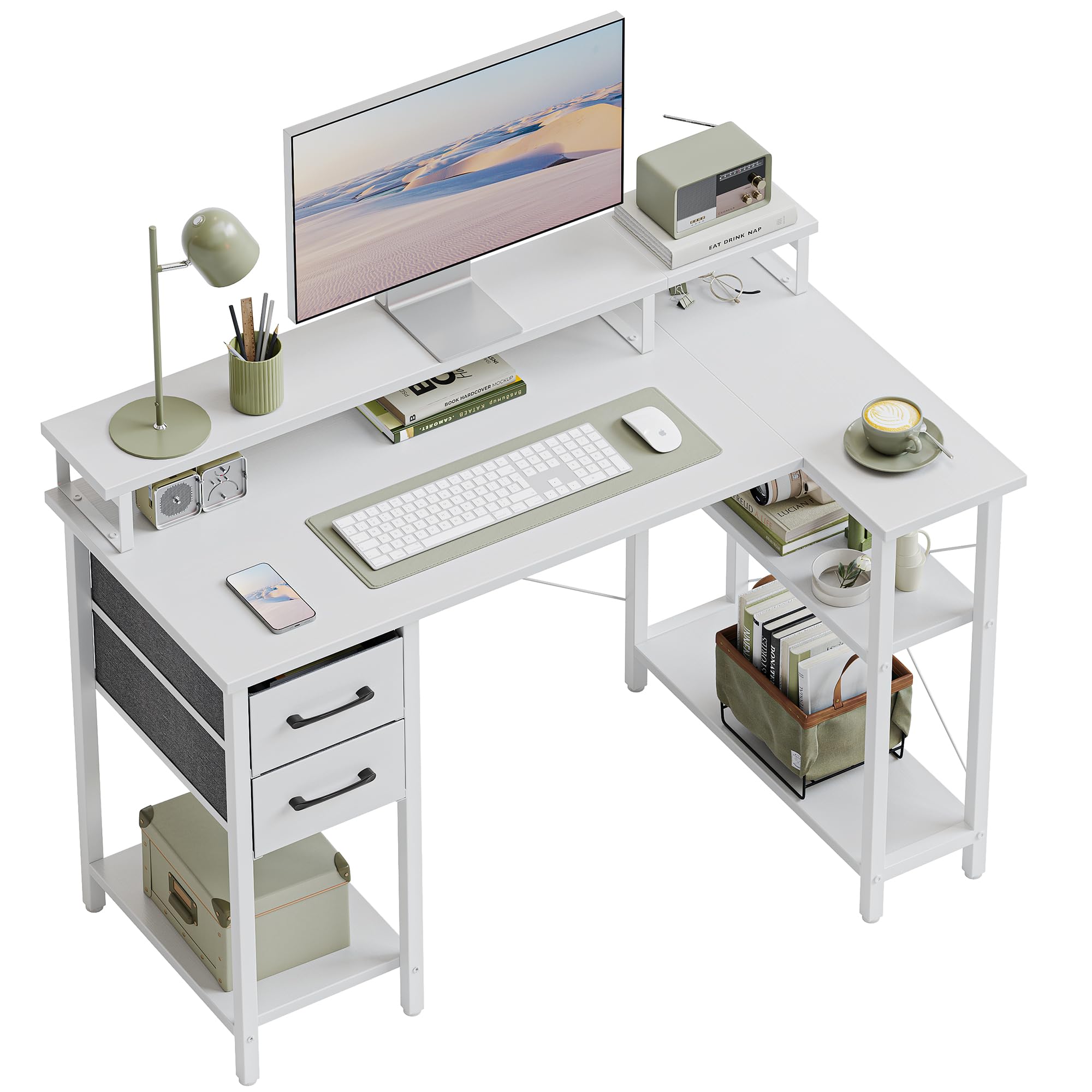 CubiCubi L Shaped Computer Desk with Monitor Stand & Shelves, 47 Inch Corner Home Office Desk Writing Table with Storage Drawer, White