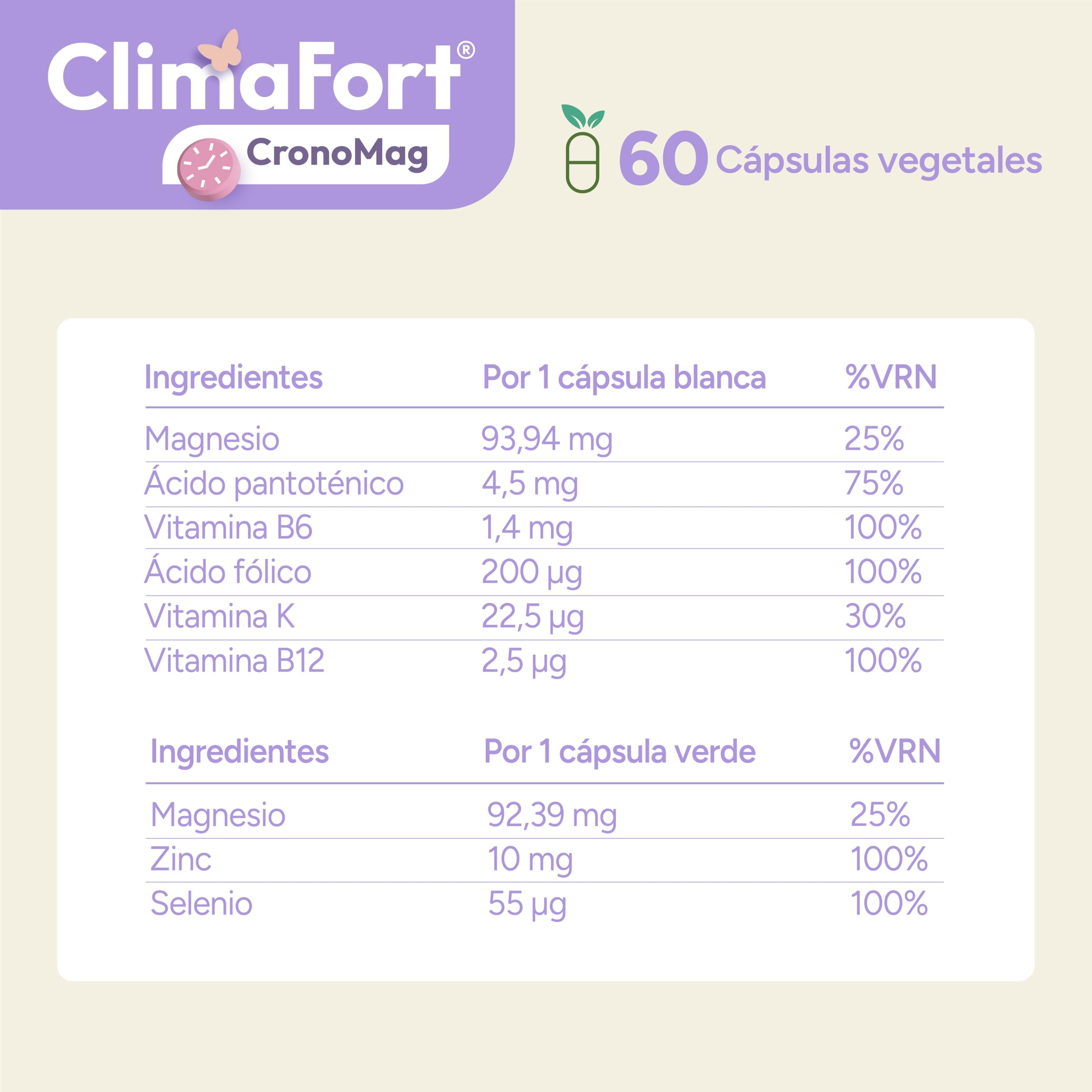 [Pack de 2] ClimaFort CronoMag | Magnesio para la Mujer | 5 Sales Glicinato, Glicerofosfato | Vitamina B12 | Energía, Relajación | Crononutrición | 120 Cápsulas