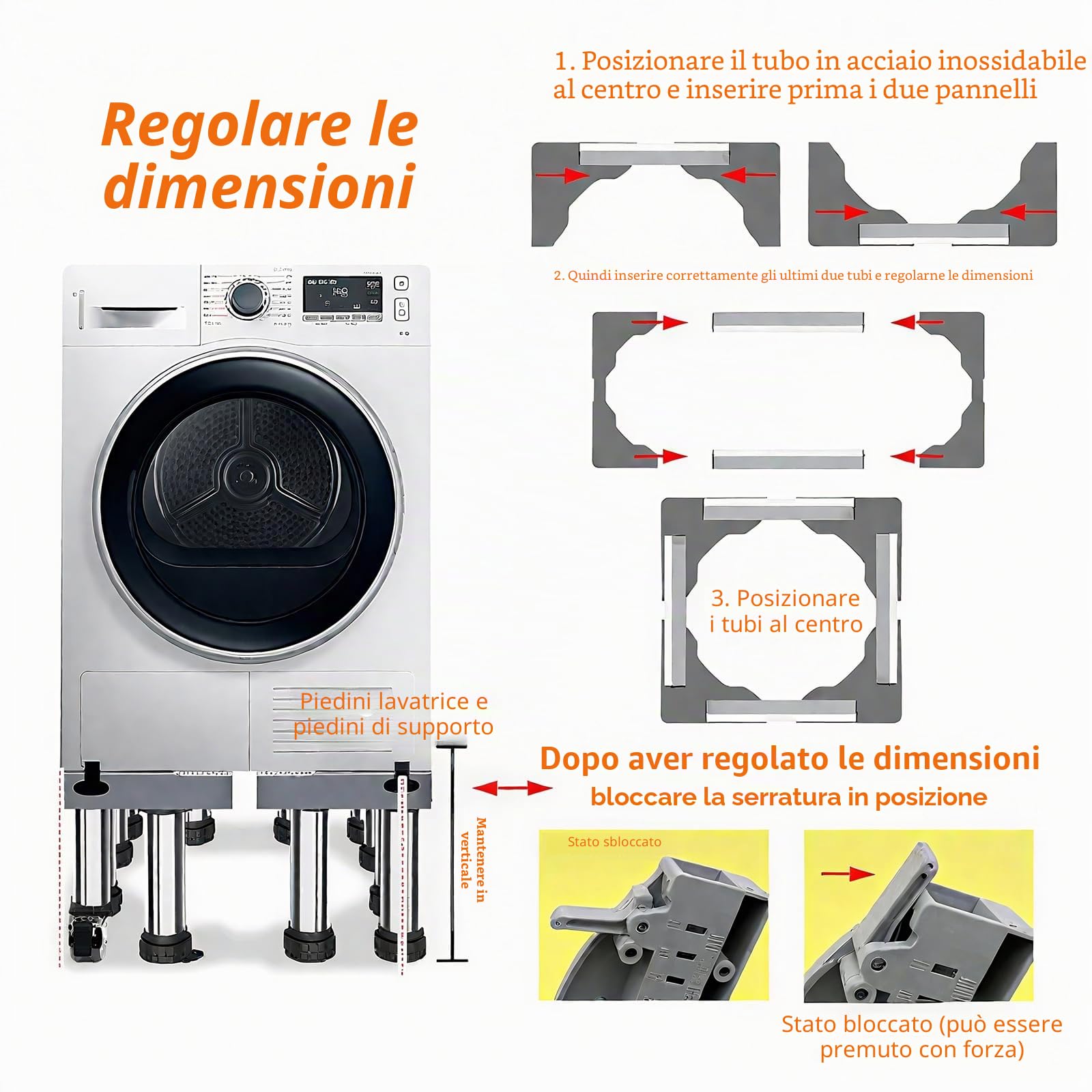 Base per Lavatrice con 4 Piedi Robusti Base - Rialzo per Lavatrice Max Belastung 300KG Supporto Universale Mobili da Cucina ed Elettrodomestici Statico Larghezza 40-60 cm