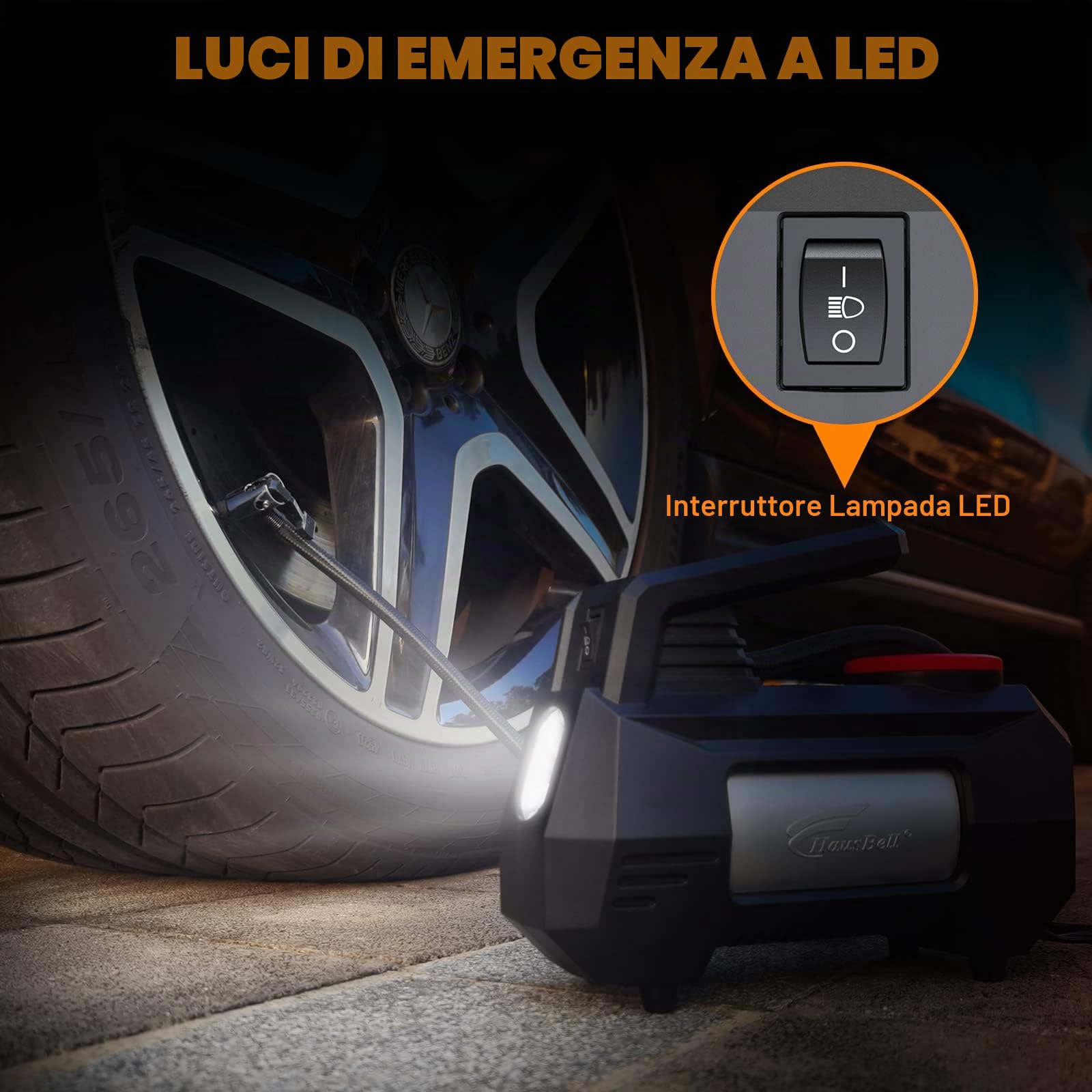 Compressore d’Aria per Auto HAUSBELL 12V, Gonfiatore Digitale 150 PSI con Spegnimento Automatico, Luce LED di Emergenza, Adattatori Valvola – Accessorio Portatile per Gonfiaggio Rapido (Nero)