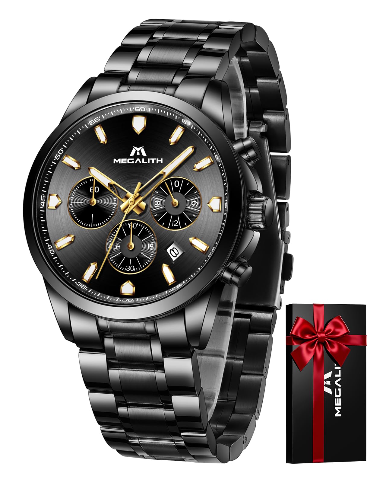 MEGALITH Herren Uhr Edelstahl Armbanduhr: Chronograph Analog Wasserdicht Herrenuhr mit Datum Leuchtend - Elegantes Geschenke für Business Männer Geburtstag Jubiläum