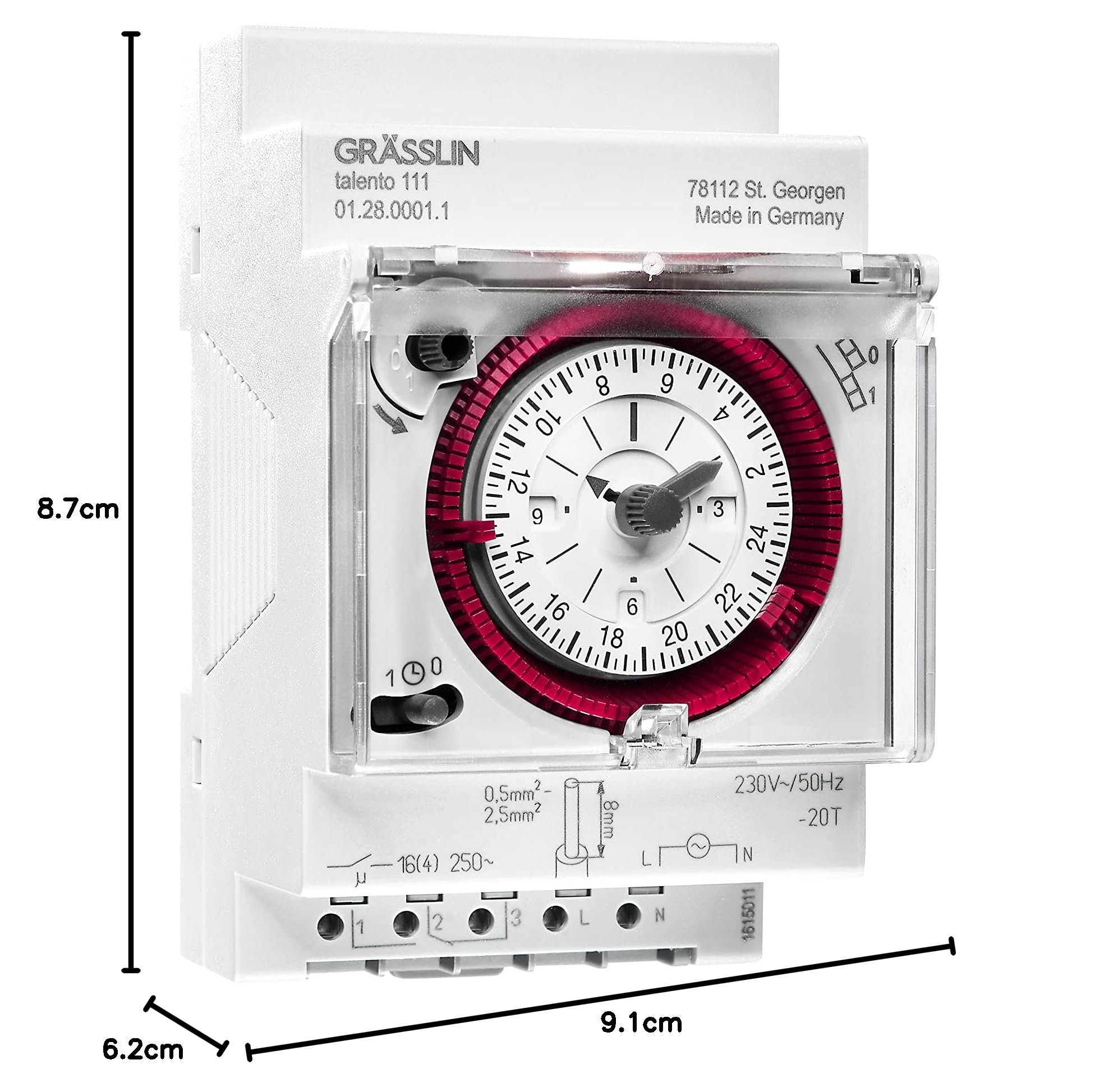 01.28.0001.1 talento 111 timer analogico guida DIN 3 moduli 230 V | Guida DIN, meccanico, 1 canale, programma giornaliero, morsetto a innesto, 15 min, LED 180 W, alogena 1100 W, IP20, 50 Hz