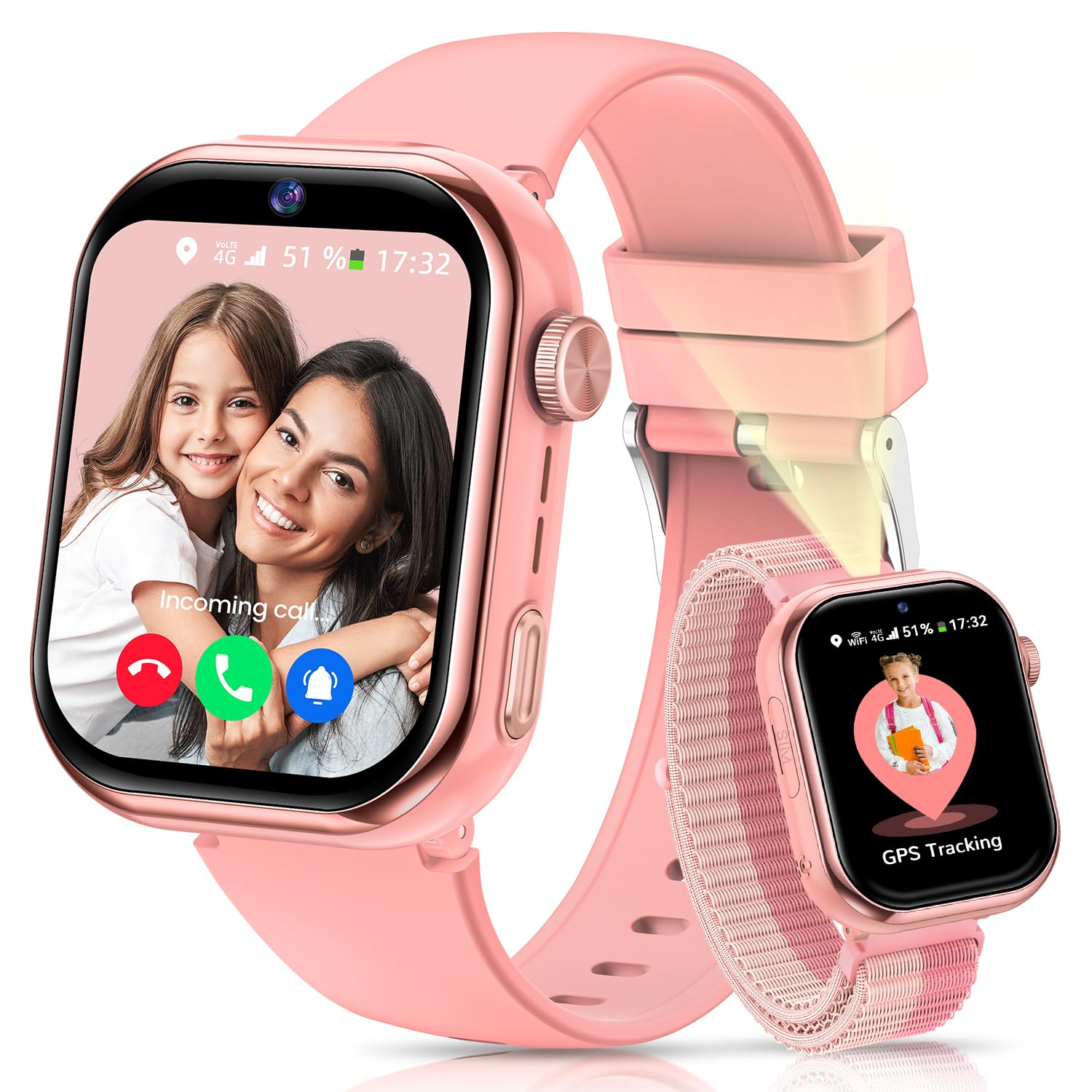 4G Smartwatch Bambini, Orologio Smartwatch Bambini GPS con Chiamate, Videochiamate, Chat Vocale, Modalità Scuola, Doppia Fotocamera, Sveglia, Contapassi, IP68, Smart Watch per Ragazzi e Ragazze, Rosa