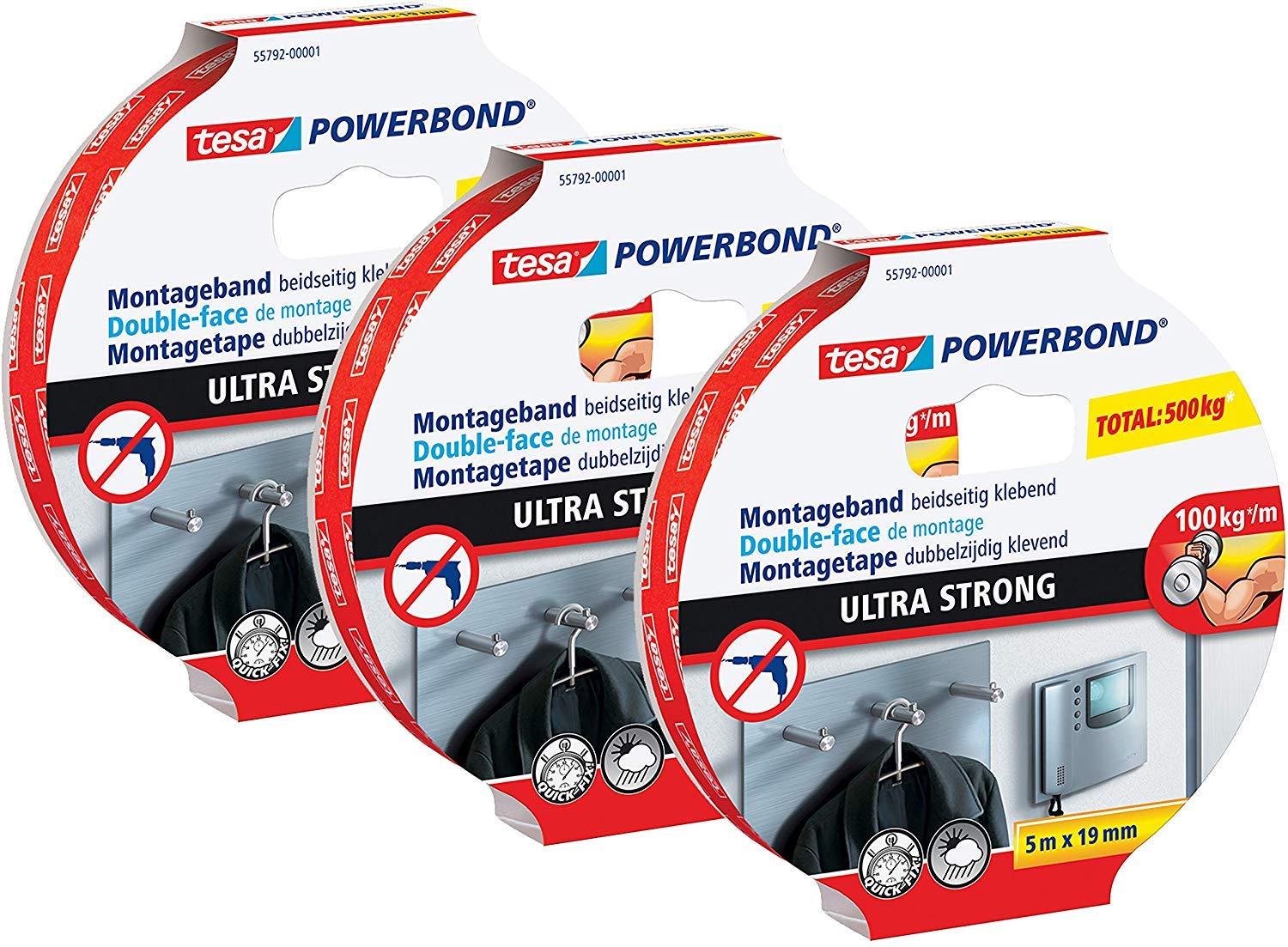 tesa Powerbond Ultra Strong Montageband/Doppelseitiges Klebeband für eine besonders starke und dauerhafte Befestigung ohne Bohren (3 Rollen / 5m:19mm)
