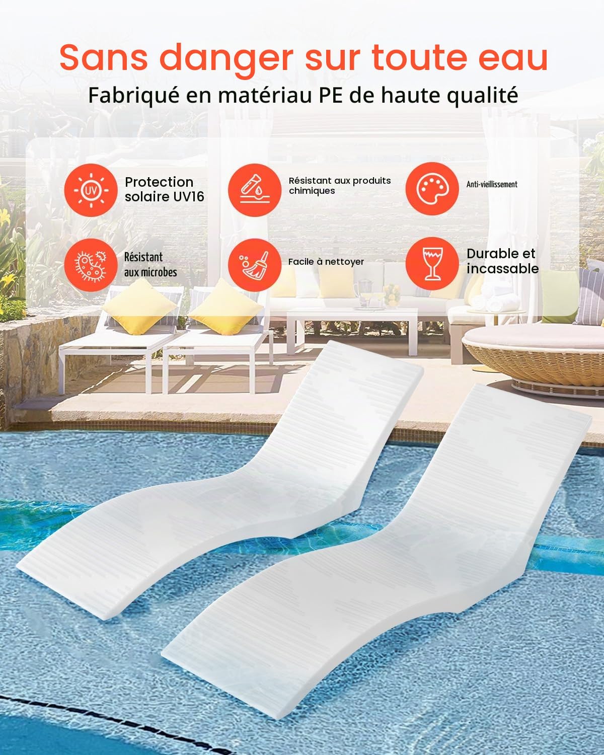 VEVOR Bain de Soleil, Lot de 2, Chaise Longue pour Profondeurs d'eau jusqu'à 12,7 cm, transat fixées dans Les piscines et flottantes sur l'eau, pour Bronzage au Bord de la Piscine et sur la terrasse