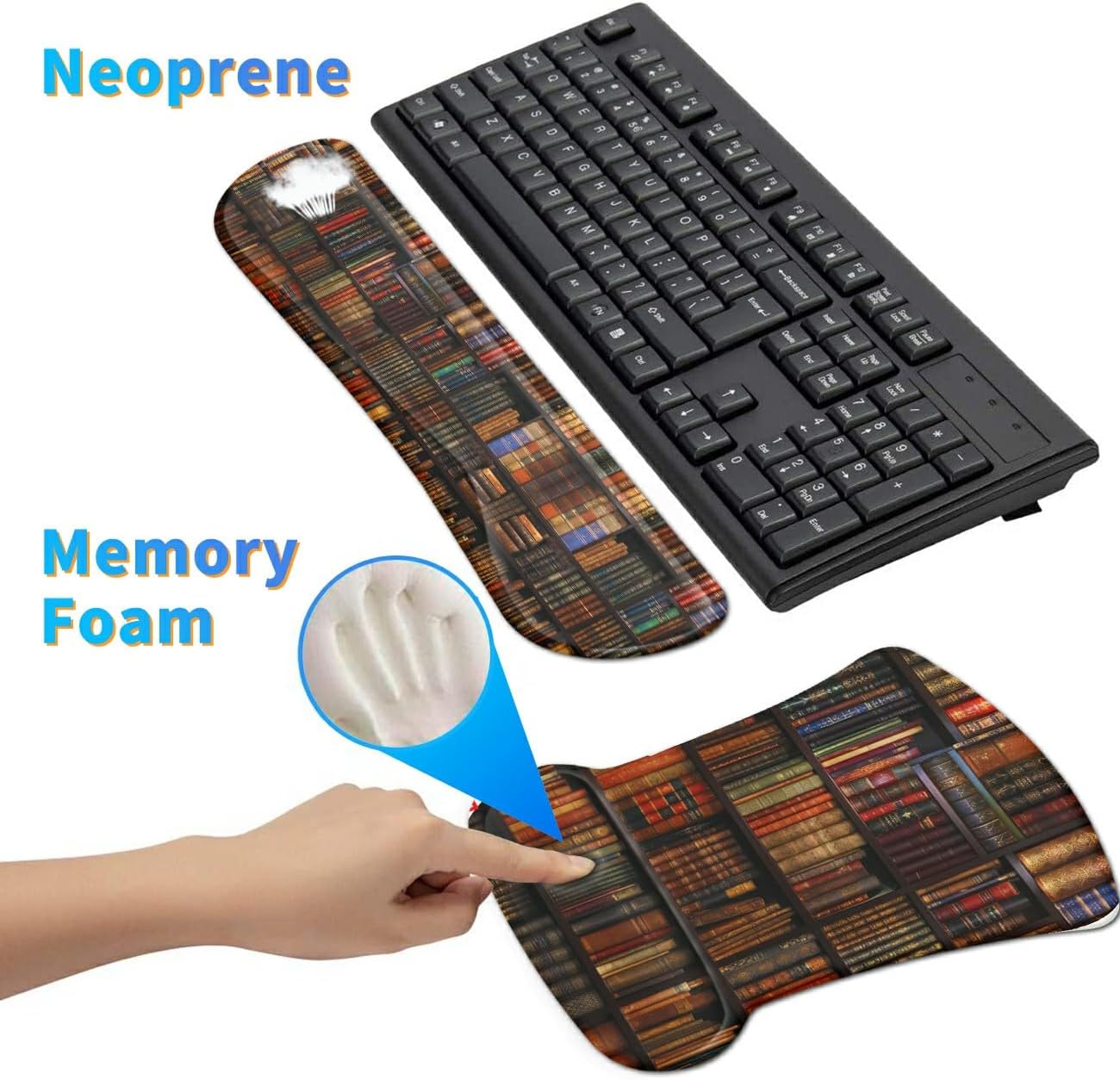 Ergonomic Mouse Pad with Wrist Support Gel Mousepads and Upgrade Keyboard Wrist Rest Pad Set, Coasters Non-Slip PU Base Mouse Mat for Office Gaming Computer Laptop Home, Library Books