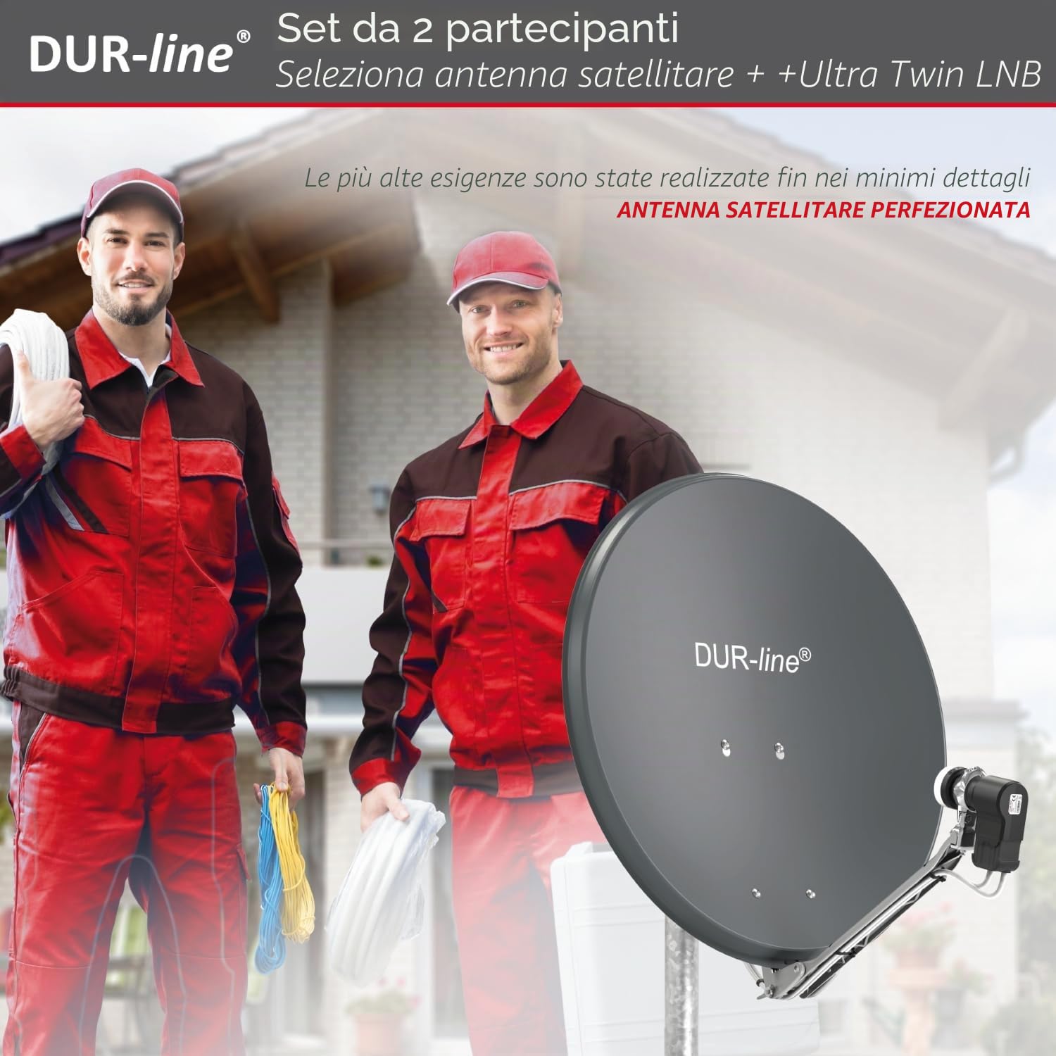 DUR-line Set di 2 partecipanti, impianto satellitare completo in alluminio di qualità, Select 60 cm/65 cm, specchio/ciotola antracite + Twin LNB, per 2 ricevitori/TV [tecnologia all'avanguardia