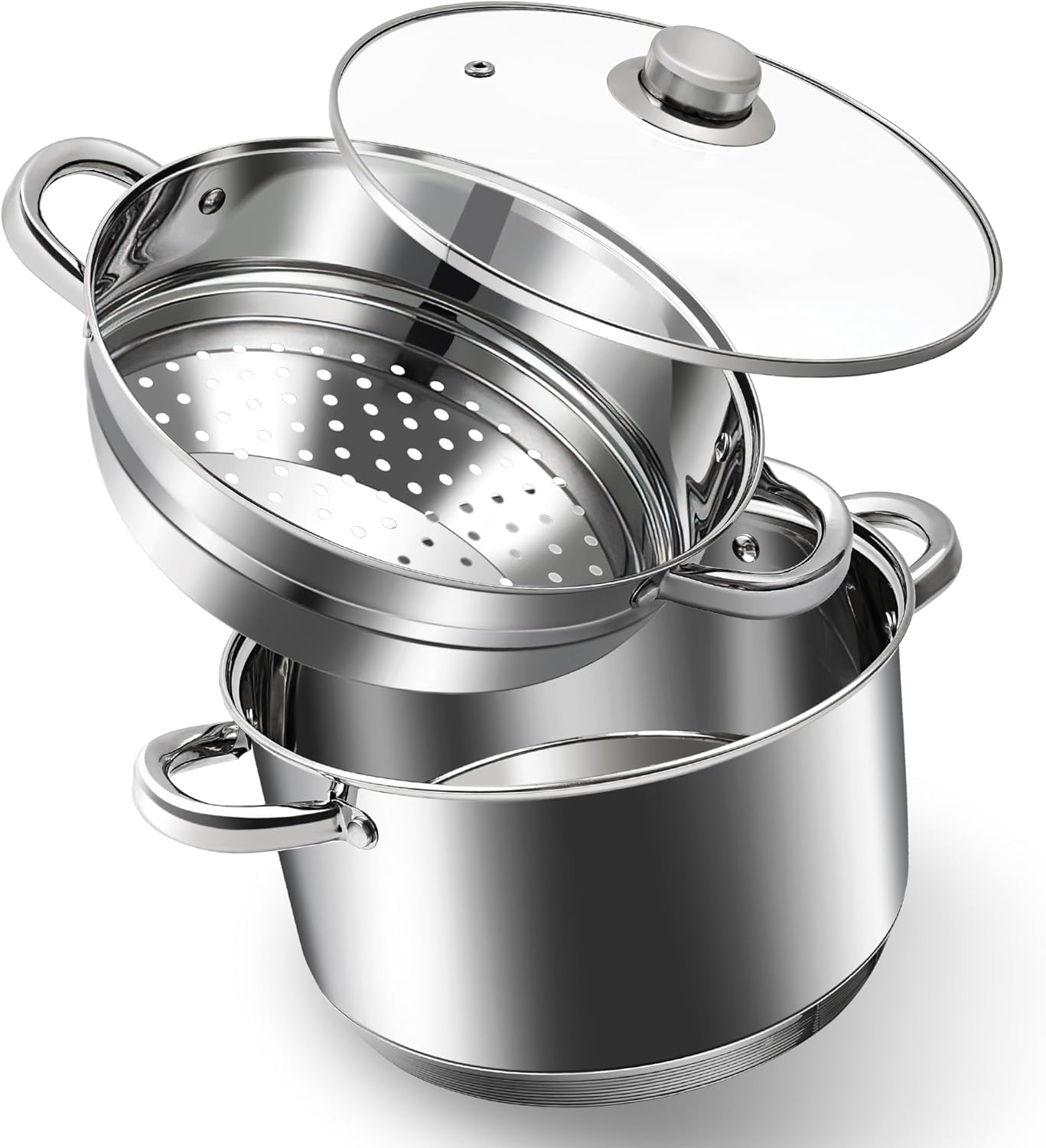 KroWallu 6 QT Stainless Steel Cookware Set, 3-Piece Multipurpose Stock Pot with Steamer Pot