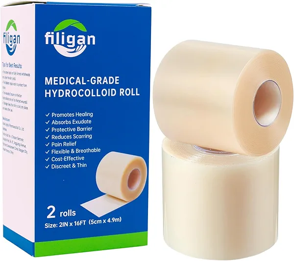 2Pcs Hydrocolloid Rolls for Wound Care (2in x 16ft), Cut-to-Size Hydrocolloid Bandages, Self-Adhesive, Ultra Absorbent, Waterproof, Medical-Grade for Burns, Blisters, Acne, First Aid Essential