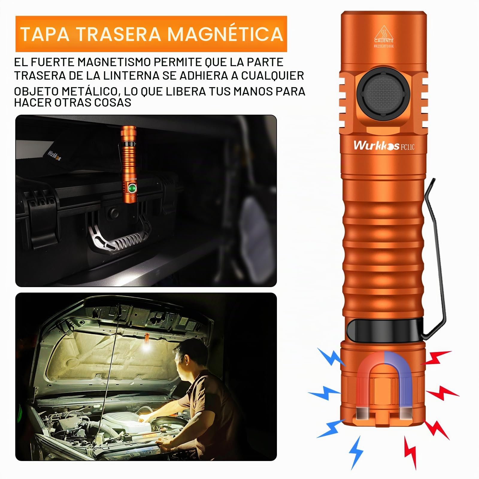 Wurkkos FC11C Linterna LED, 1300 Lumen Recargable USB 90CRI, Linterna con Imán en la Parte Inferior de la Luz, Linterna LED Recargable de Alta Potencia (Naranja 5000K)