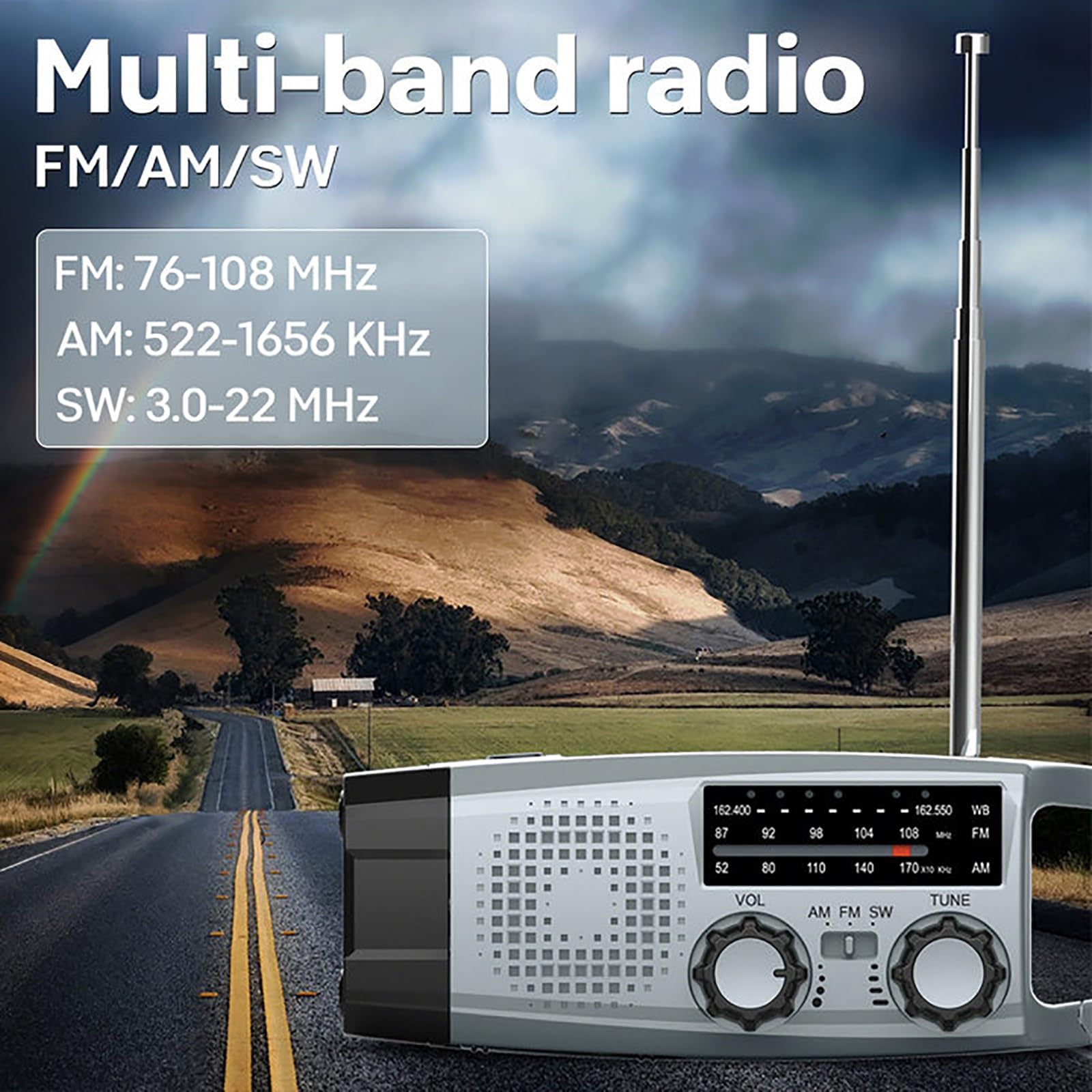 Radio de manivela, 2000 mAh, radio de emergencia con manivela y solar AM/FM/SW Radio con alarma SOS, 3 vías de carga, radios de emergencia, interior y exterior, camping, banco de energía, manivela