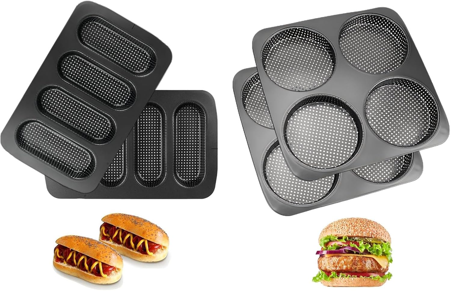 Hot Dog Bun Pan 2 Pack + Large 5 Inch Hamburger Bun Pan 2PCS