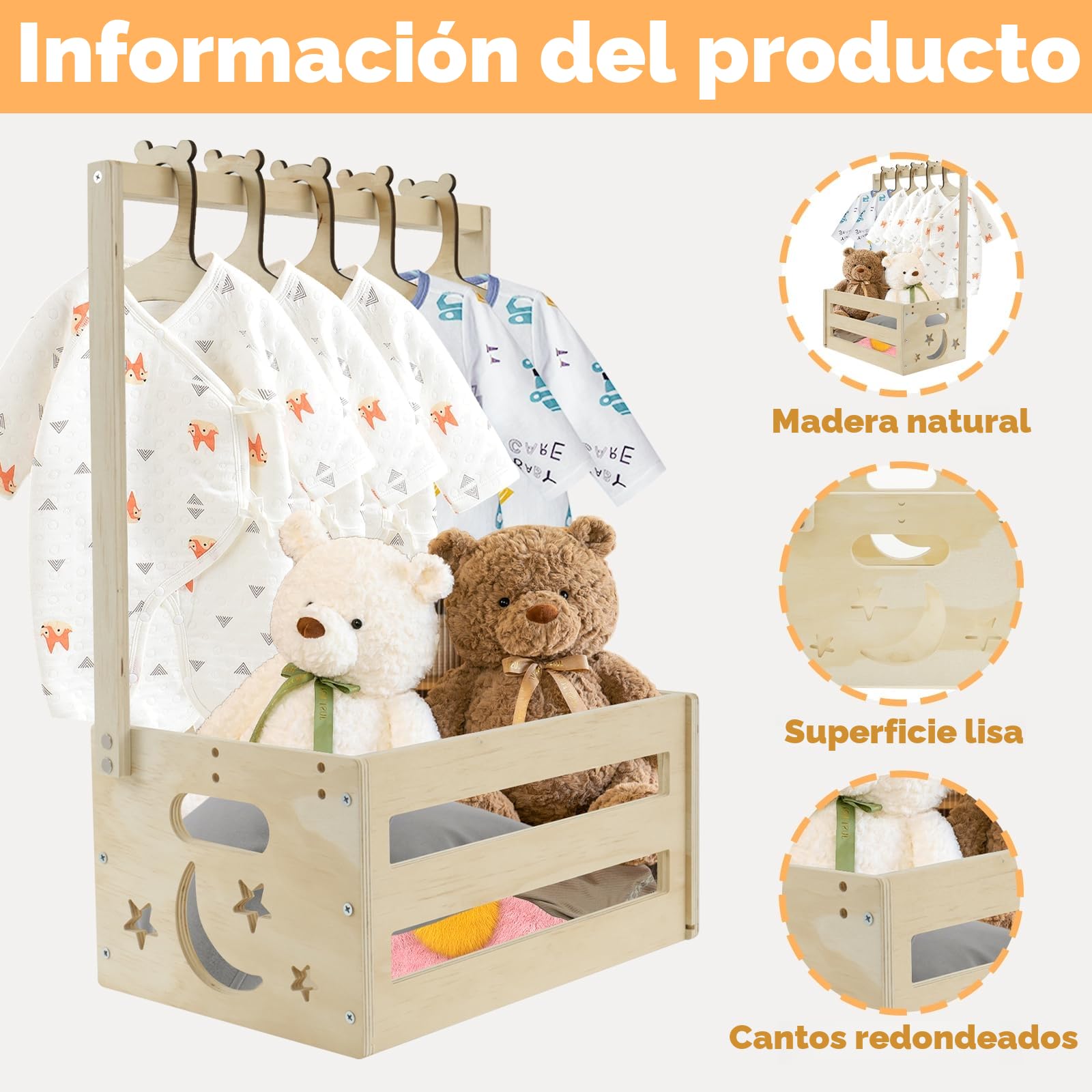 Cesta Madera Baby Shower Cesta de Almacenamiento Para Bebé con asa y 5 Perchas de Madera Armario para Baby Shower para Cumpleaños Navidad Nuevos Padres