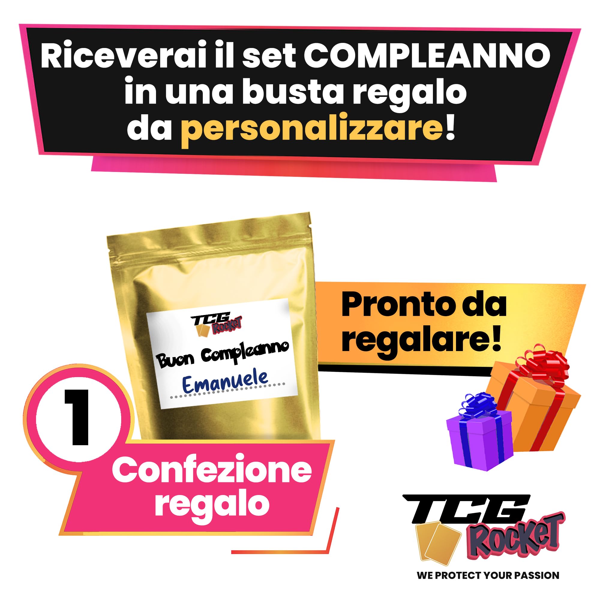 Set COMPLEANNO - 100 Carte Pok Originali Italiane, Include 1 Ultra Rara, 5 Carte Luccicanti (Olo, Reverse) e Confezione Regalo