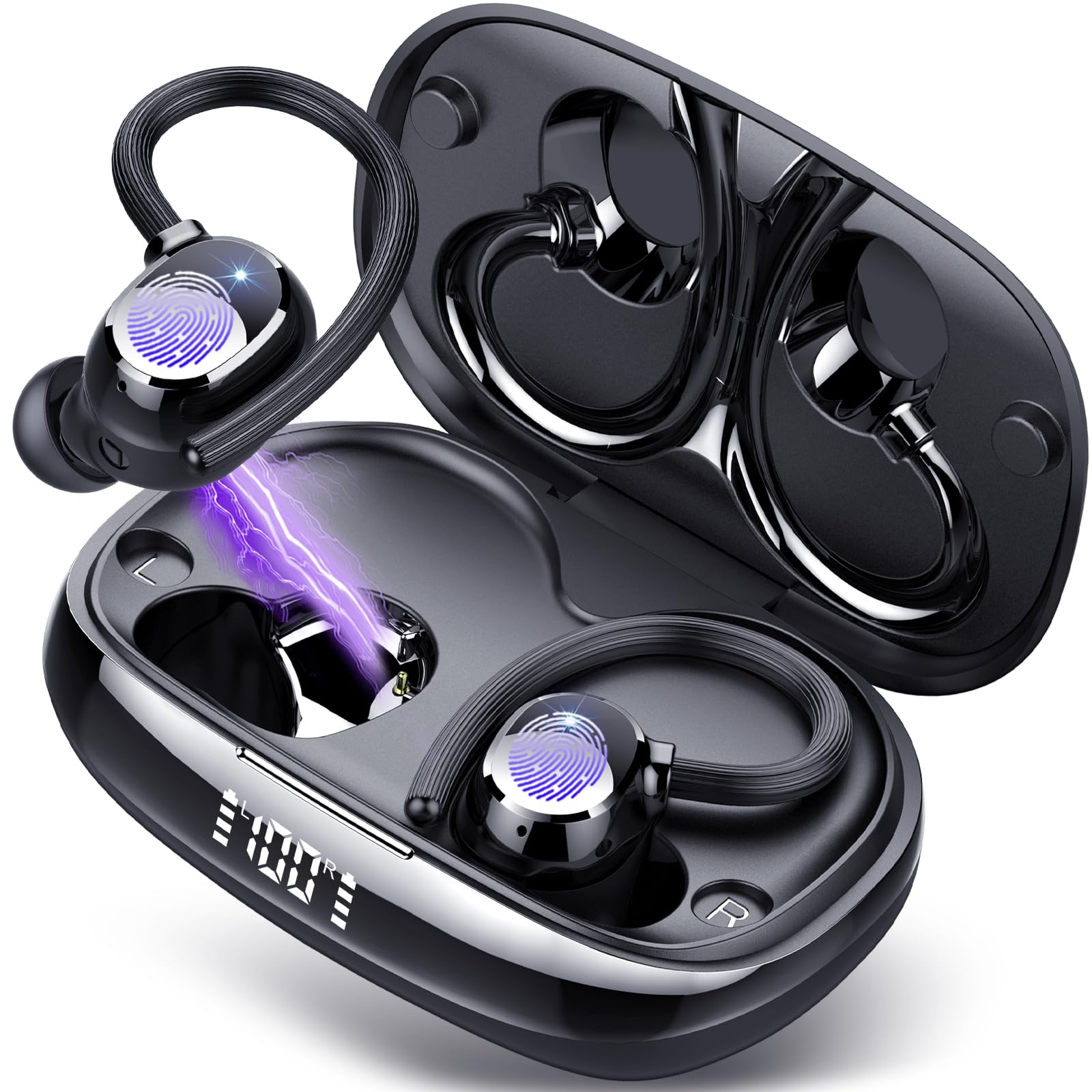 Tukio Cuffie Bluetooth 5.4 Sport, Auricolari Bluetooth Wireless HiFi con Microfono HD e Cancellazione Rumore, Cuffie Wireless con Ganci Auricolari, 80 Ore Autonomia, Display LED, IPX7 Impermeabili
