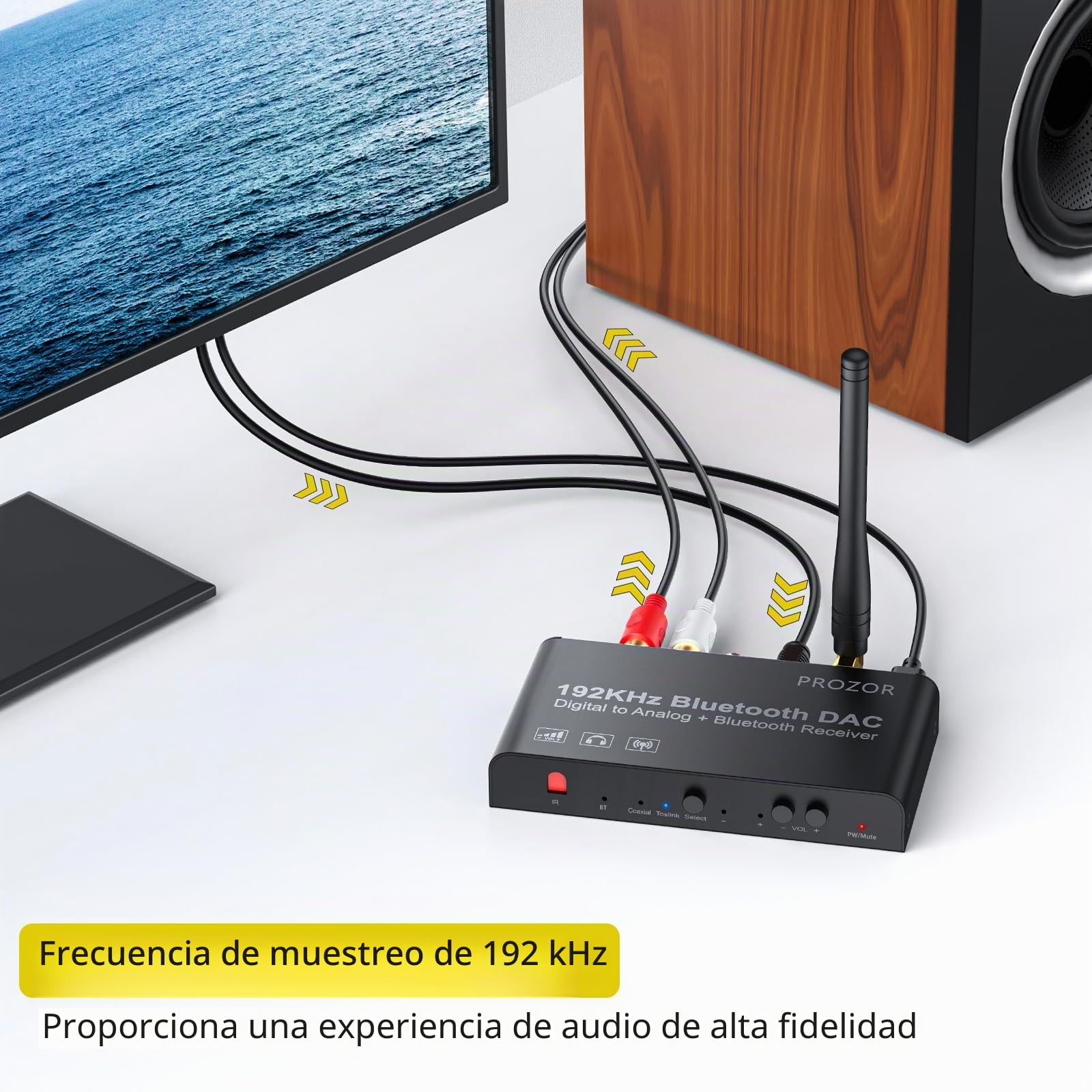 PROZOR Convertidor Audio Optico Coaxial a RCA con Receptor Bluetooth 5.0 192 kHz DAC Digital a Analógico L/R y Jack 3.5 mm con Mando Compatible con HDTV, PS4, HD DVD, Blu-ray,Amp,Auriculares