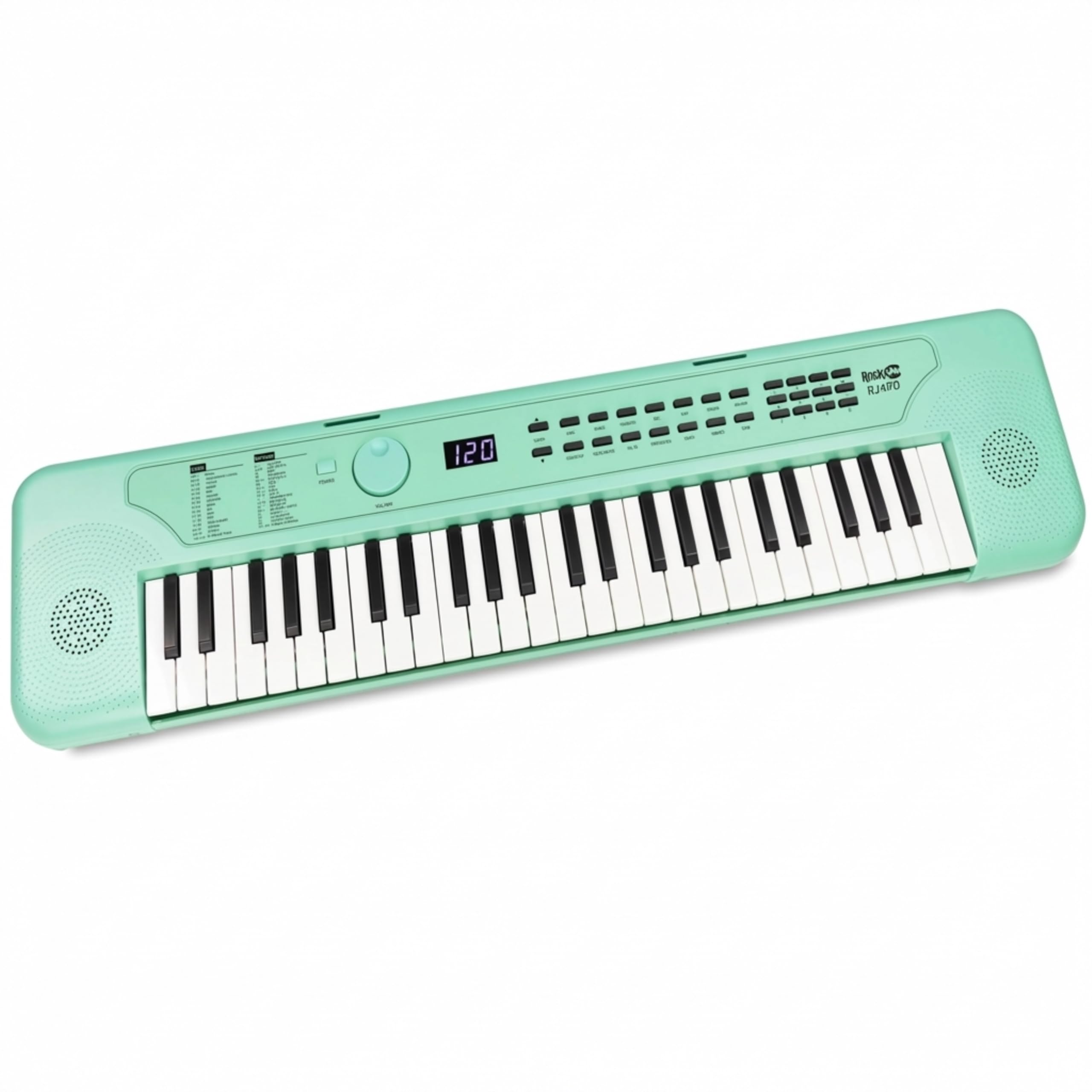 RockJam RJ490MG Mini Teclado Piano de 49 Teclas, Sintetizador Electrónico Portátil Verde menta con USB-C, Altavoces, Jack de Auriculares, 200 Tonos y Ritmos