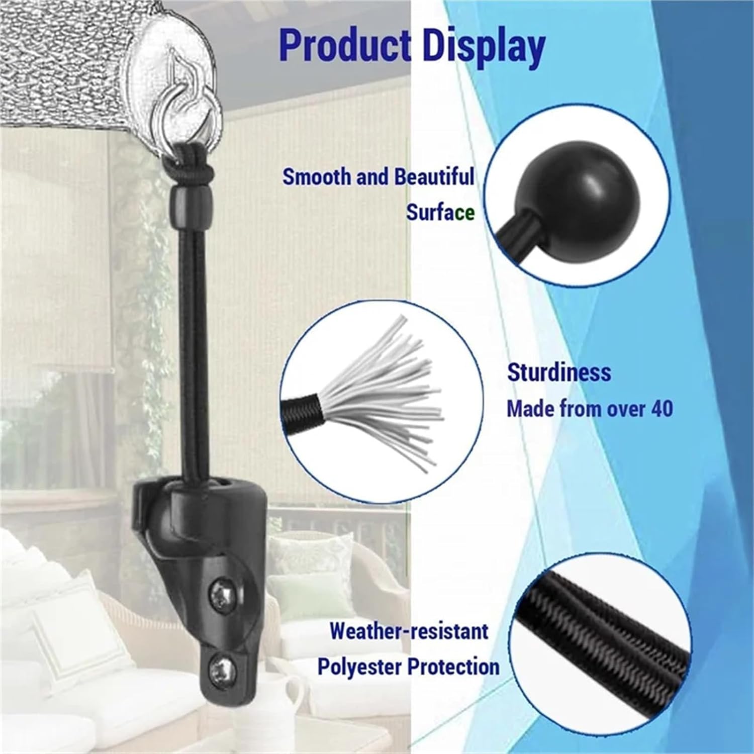 Sun Shade Replacement Parts 6Set Bungee Jumping kit and End Cap Outdoor Roller Sun Shade Replacement Part Tie Downs Elastic Windproof Cord Compatible with Coolaroo