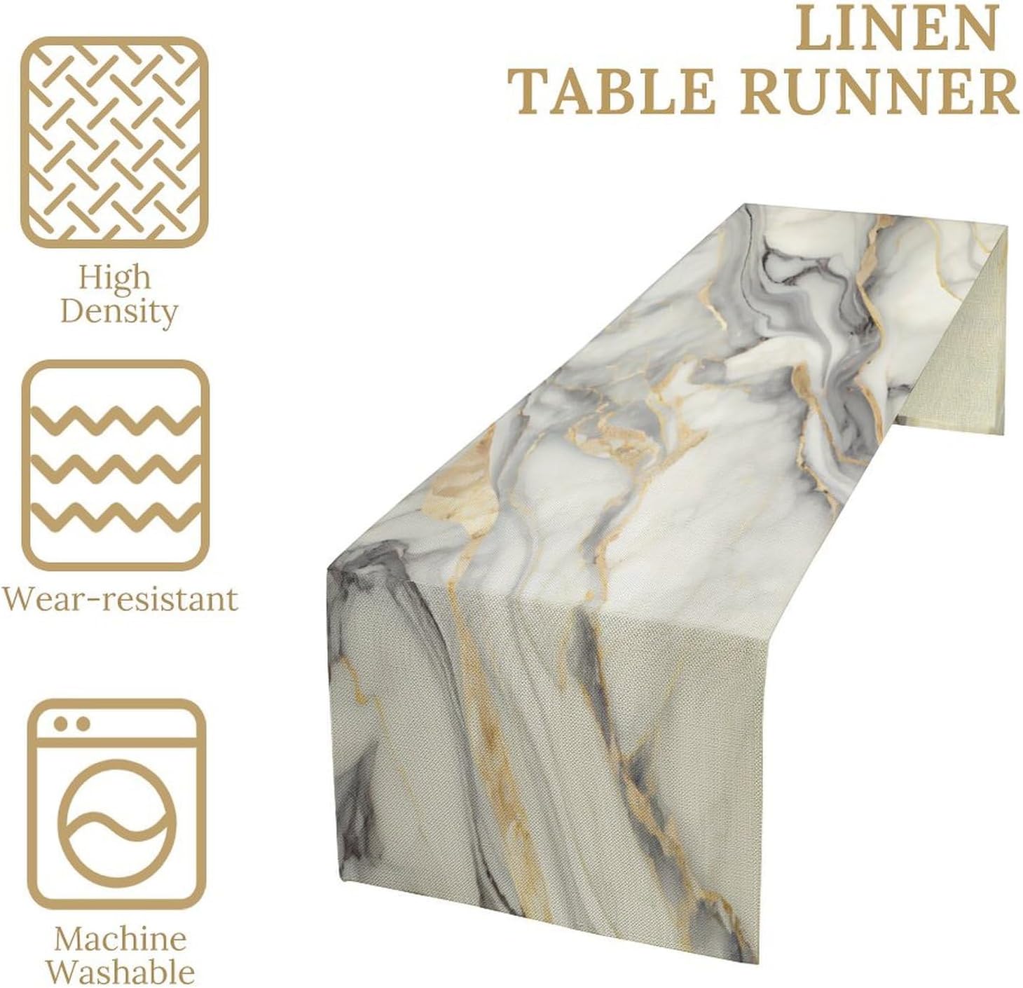 Abstract Marble Table Runner, Grey White Gold Ink Marble Texture Table Runner for Kitchen Dinning Room Home Party Decor, 13x108 Inch