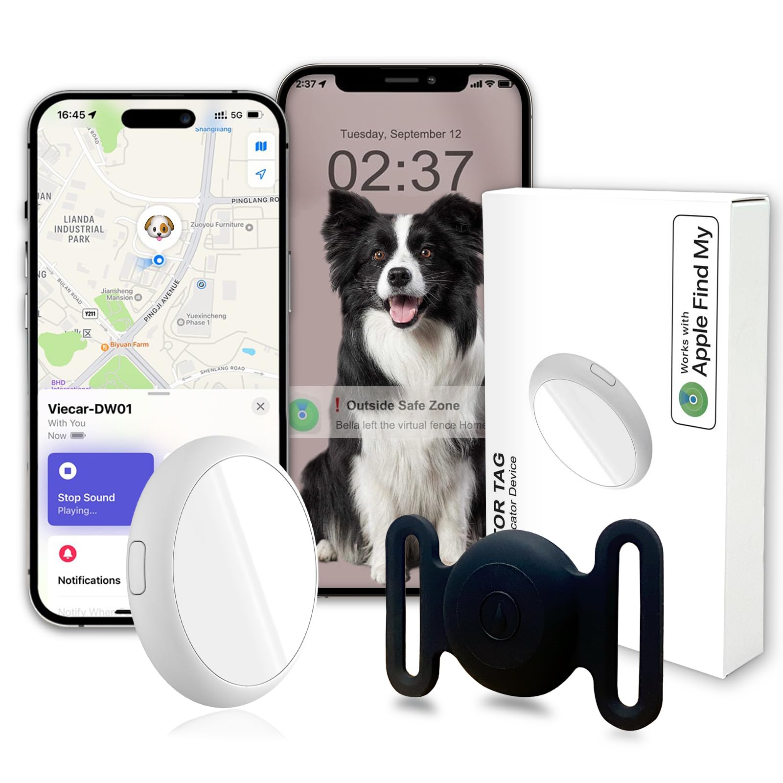 Rastreador de perros sin suscripción (iOS), rastreador de perros para collar, rastreador GPS para perros, IP67, resistente al agua, ubicación de rastreo de mascotas, 365 de larga duración de la