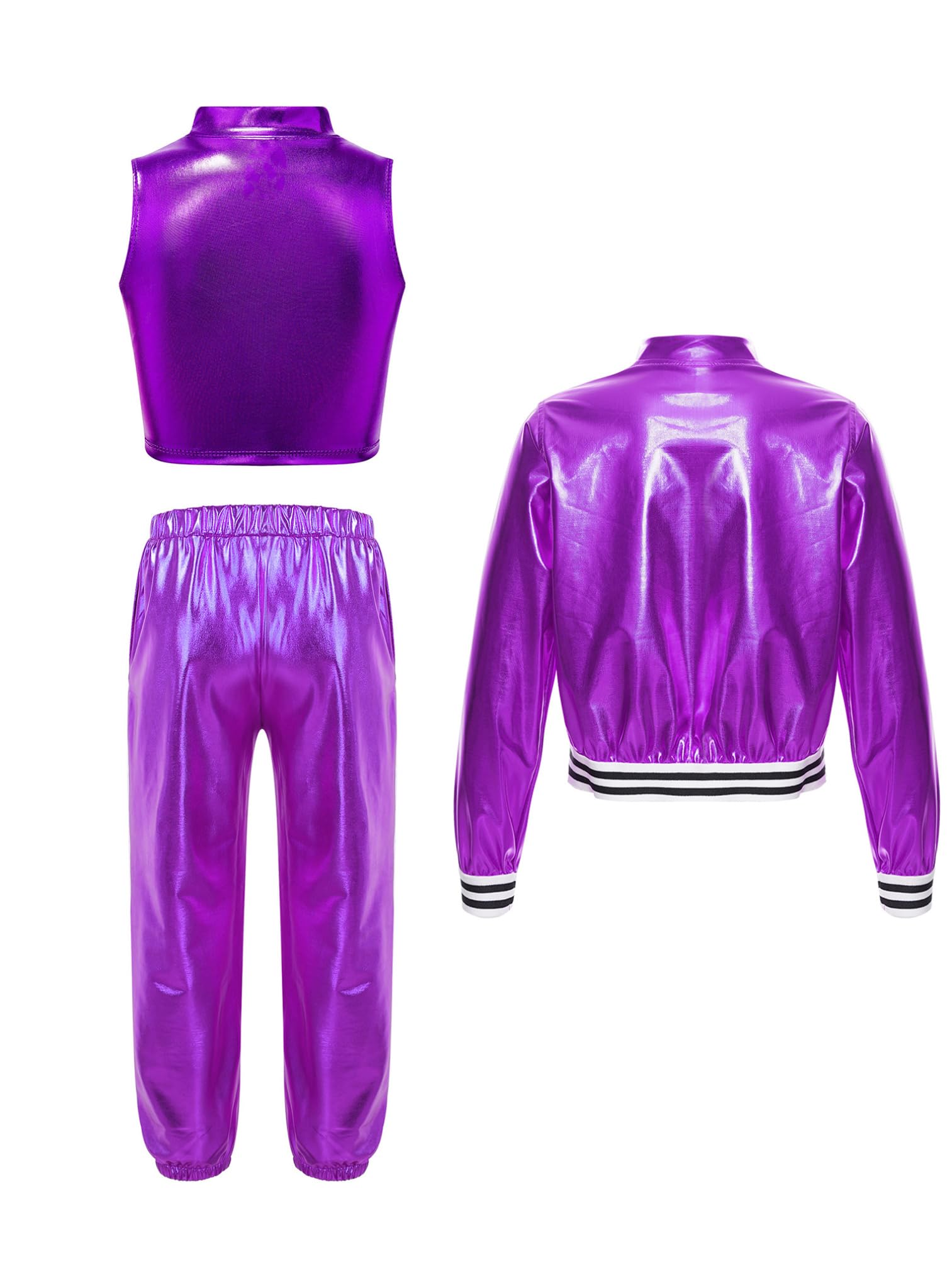 Agoky Dziewczęcy metaliczny dres do joggingu, błyszczący dres sportowy z długim rękawem, kurtka + spodnie do biegania + tank top w stylu lat 80., 90., zestaw odzieży do tańca ulicznego