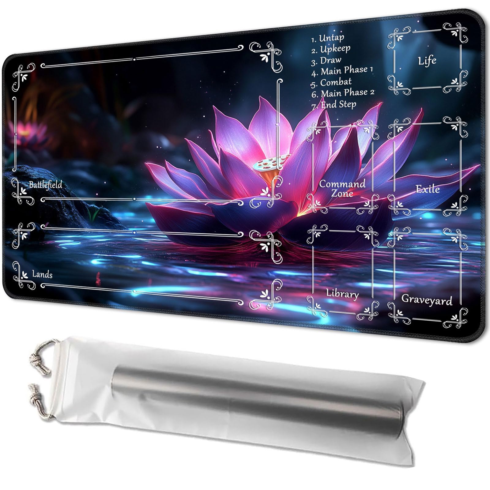 for MTG Playmat with Zones 24 x 14 Inches, Magic The Gathering Playmat with Storage Bag, Non-Slip Rubber Base TCG Playmat for MTG, Commander, Lorcana, Purple Lotus On Water