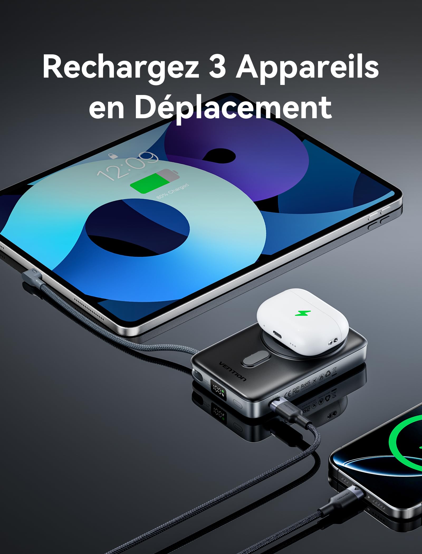 VENTION Qi2 15W Batterie Externe 10000mAh PD35W Charge Rapide Compatible MagSafe pour iPhone 17/16/15/14/13/12 Plus/Pro/Max, Powerbank Magnétique avec Affichage LED et Support Pliable