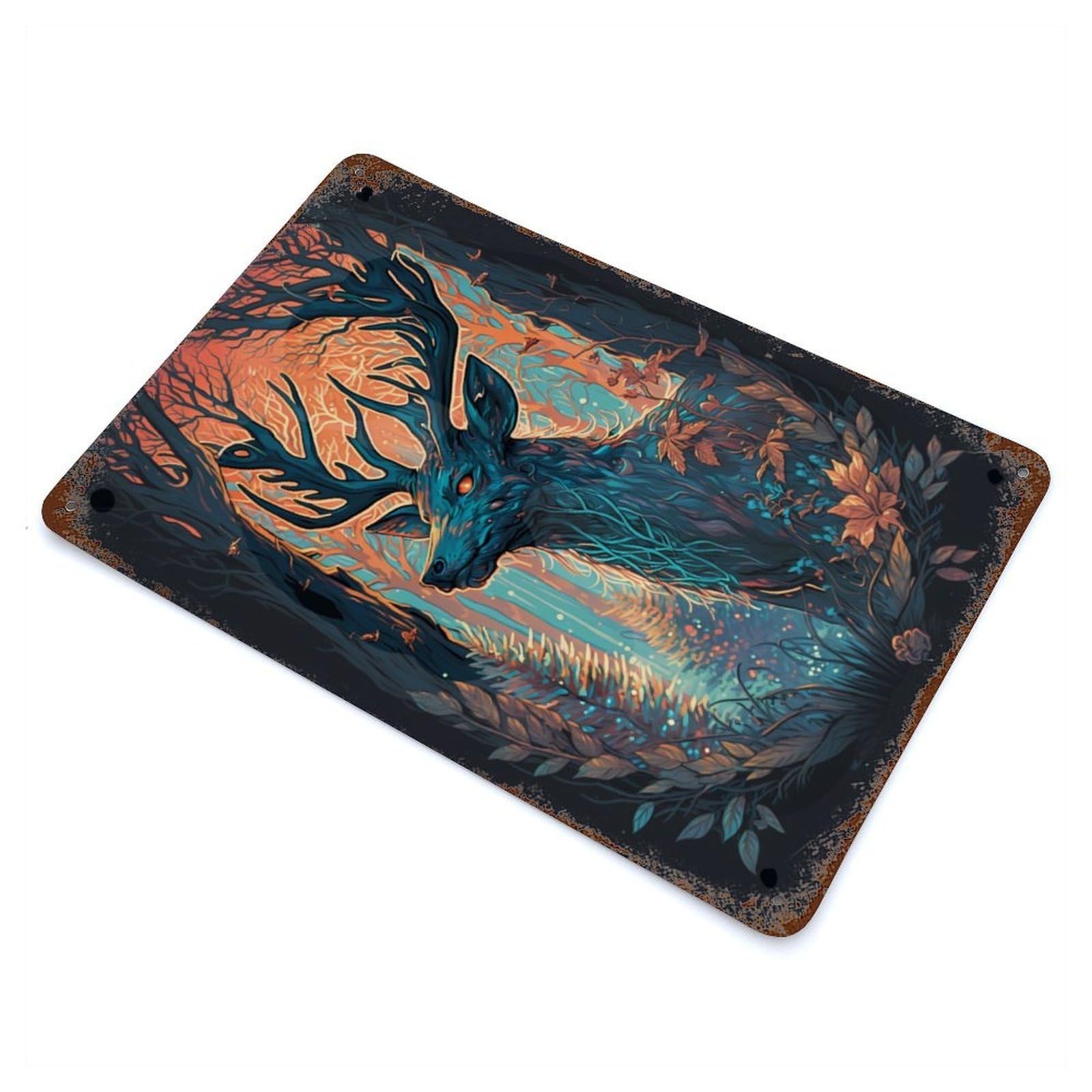 Aged Metal Wall Plaque with Deer Magic Kingdom Design 11.8"x7.9", for Basement, Hobby Room And Garage Decor, Farmhouse Wall Decor