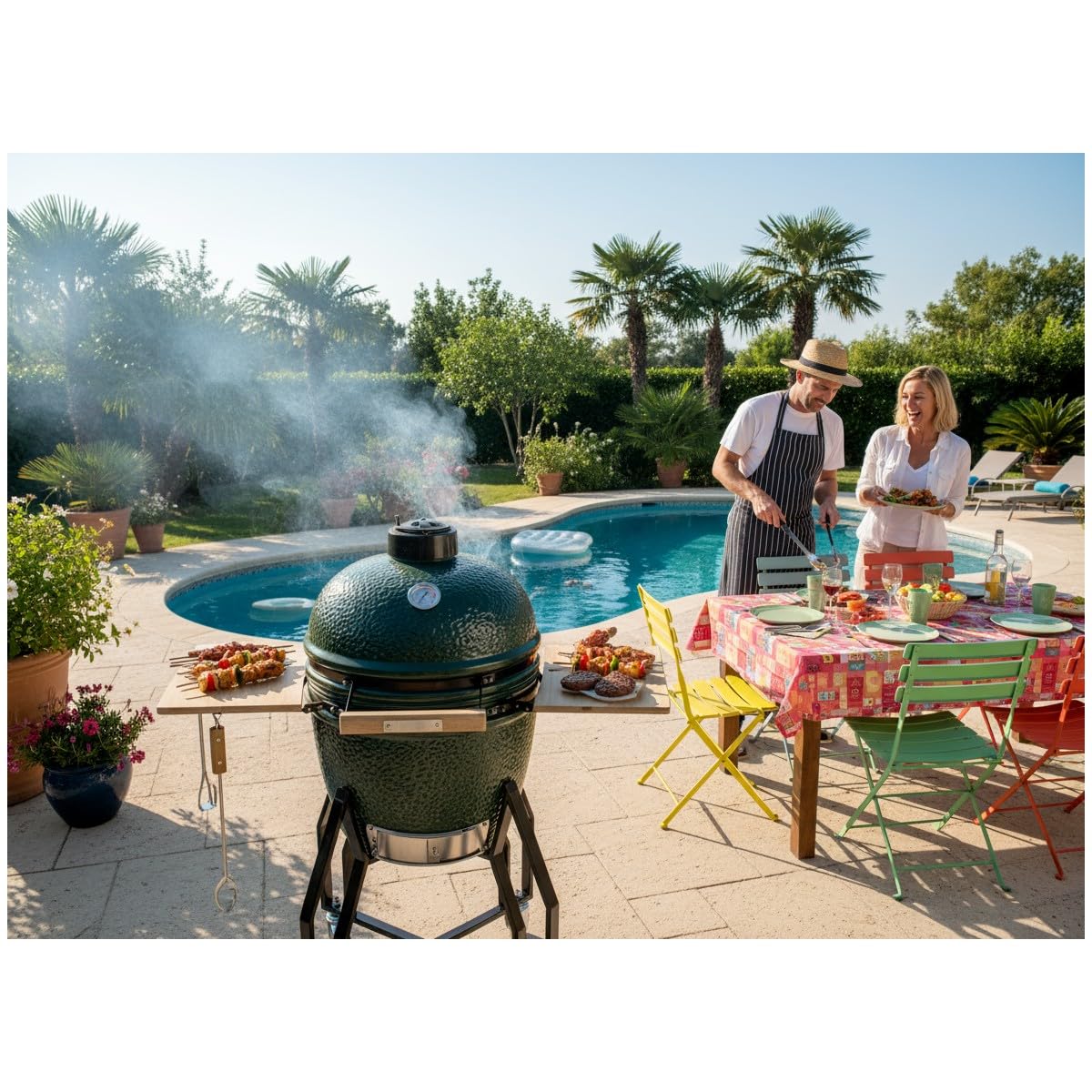 INTEC - Barbecue a Carbone Kamado in Ceramica Verde Ø 56cm 22 Pollici - Griglia da Esterno 122.1 x 69.6 x 117.4cm