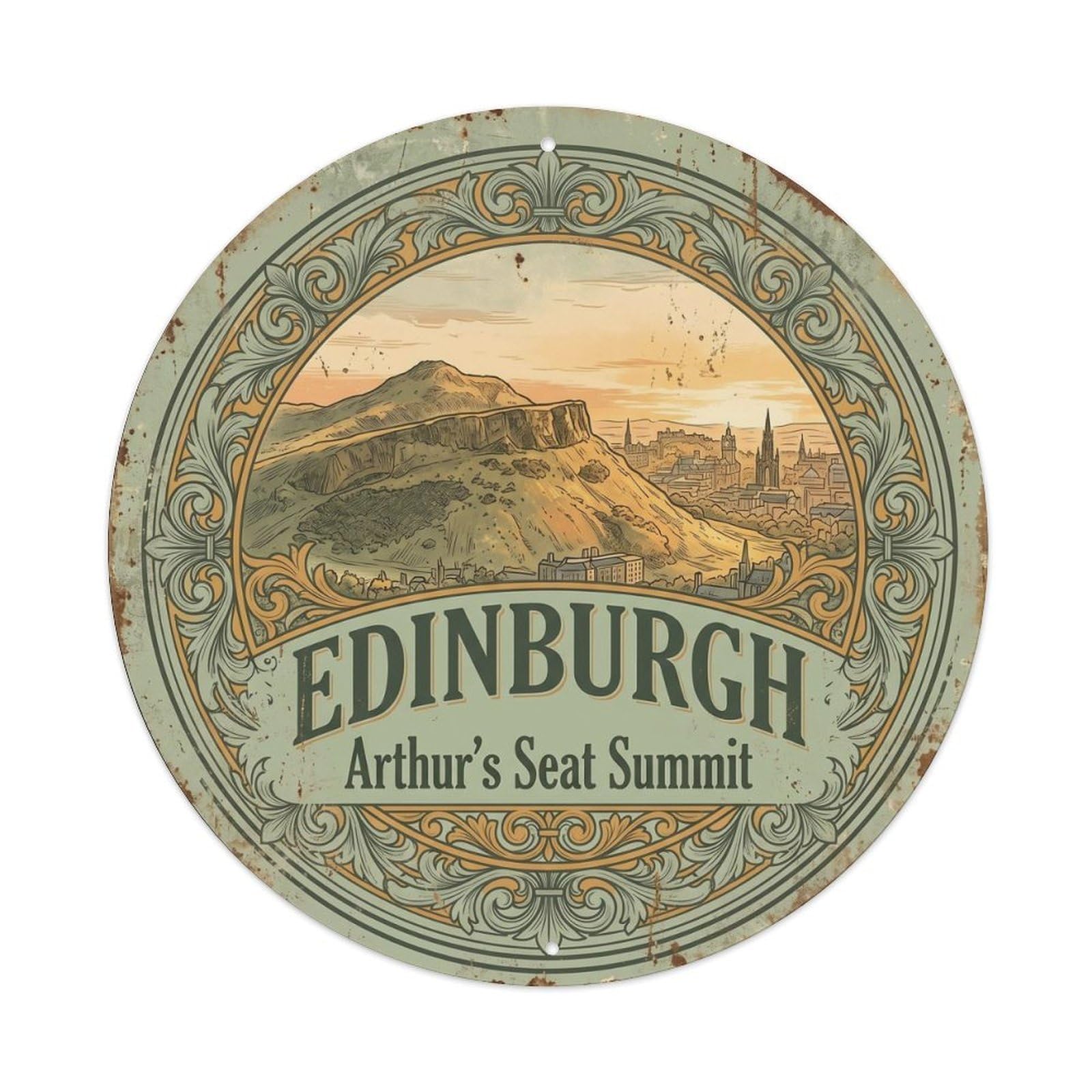 Cmhok Vintage Style Vintage Travel Edinburgh Arthurs Seat Metal Tin Sign Plaque Wall Decor For Cafe, Club, Garden Round Metal Poster 8X8inch