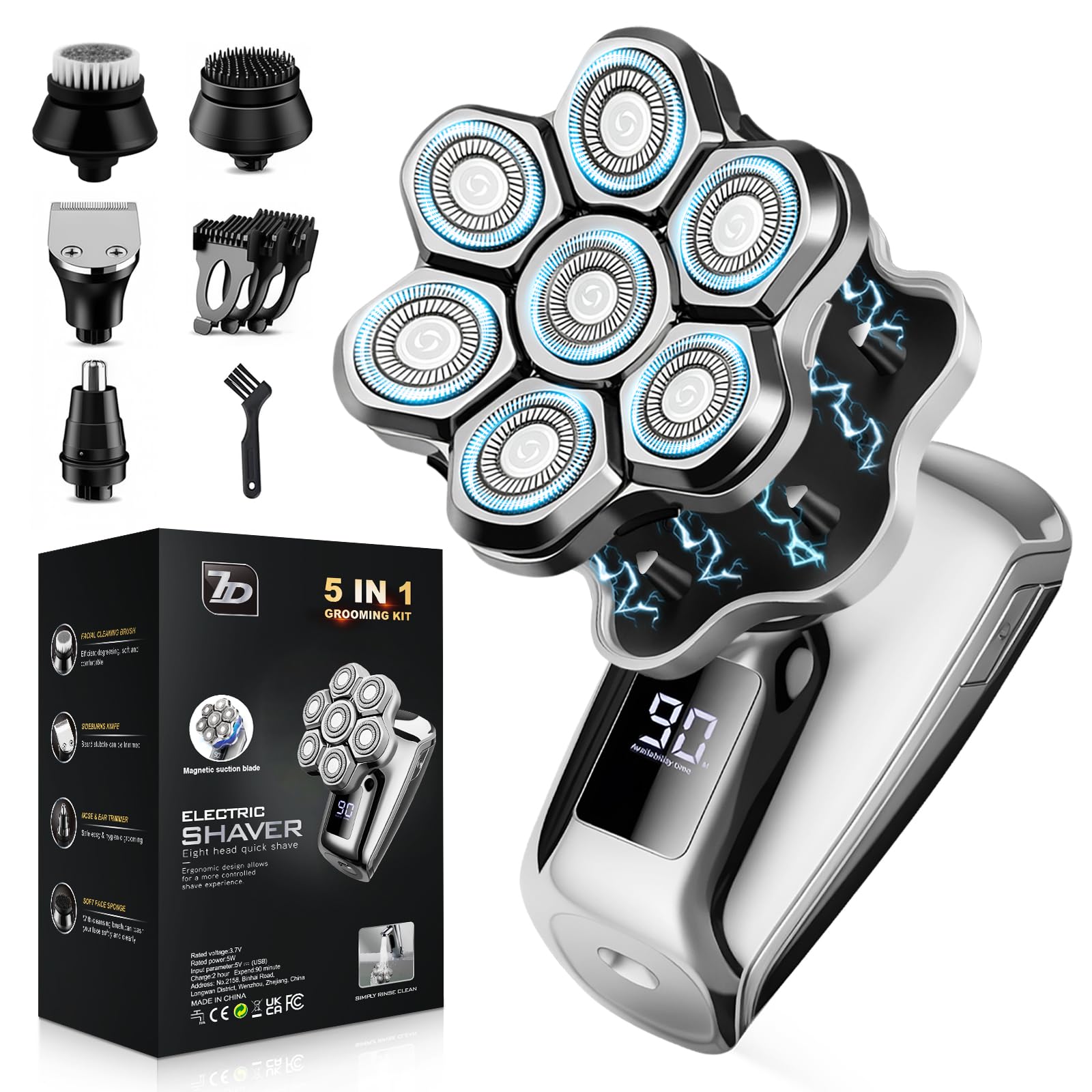Head Shavers for Bald Men, 7D Floating Blades Electric Razor with Magnetic Detachable Heads, IPX7 Waterproof Rotary Shaver 5-in-1 Self-Grooming Kit Gift for Balder