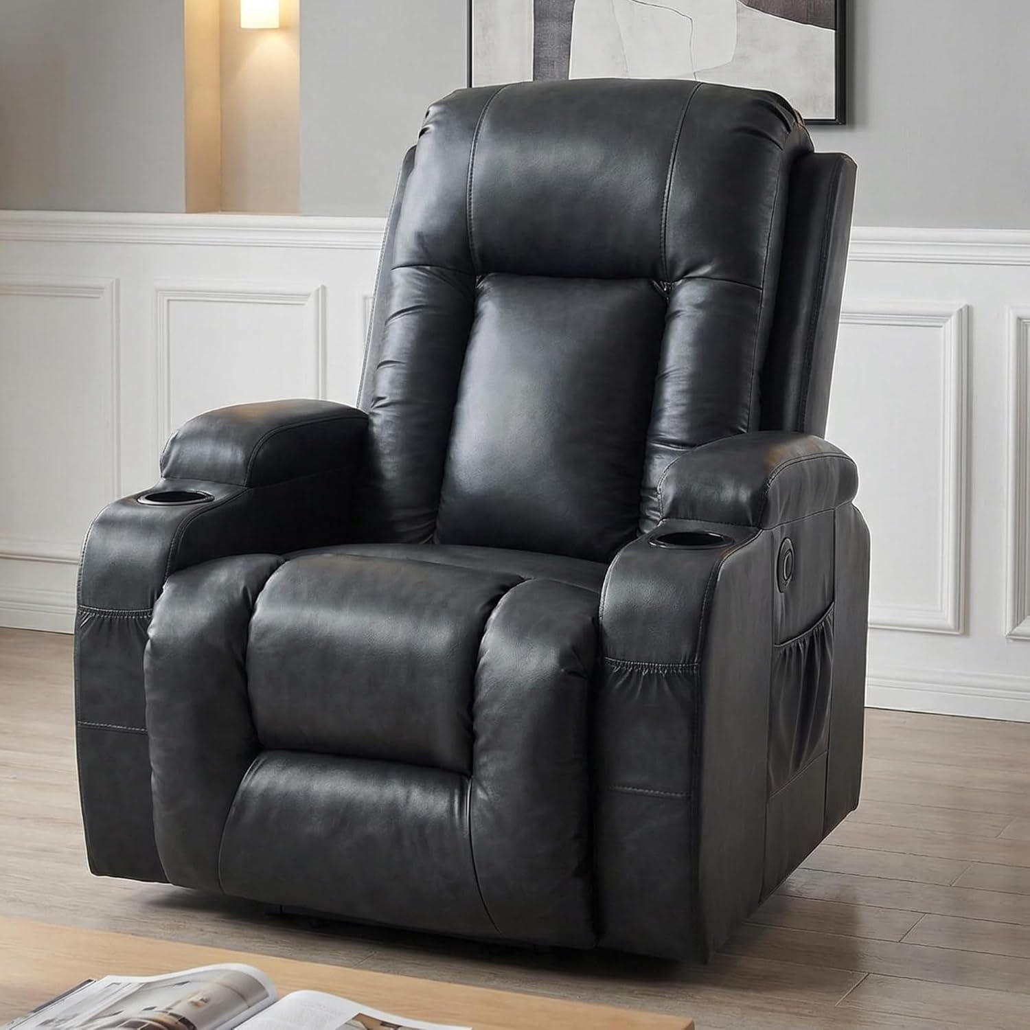 Power Lift Recliner Chair for Elderly, 155° Flat Lay Zero Gravity Electric Sofa with 8-Point Massage and Lumbar Heat, Oversized Breathable Leatheraire Recliner with Footrest & Side Pockets