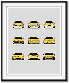 Chevy Corvette Generations Inspired Car Poster - Handmade Print of C1 C2 C3 C4 C5 C6 C7 C8 - Yellow, 8x10" Satin Print (Unframed) - Perfect Gift for Car Enthusiast