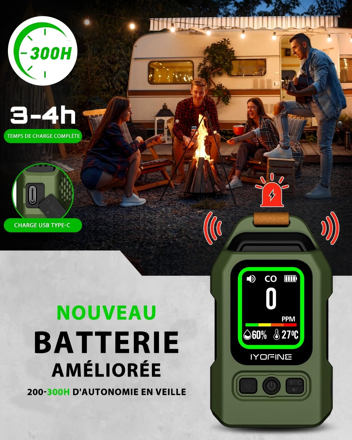 Detector de monóxido de Carbono portátil con 300 Horas de autonomía de batería, termohigrómetro, Alarma y luz de Emergencia – Ideal para Camping y Viajes